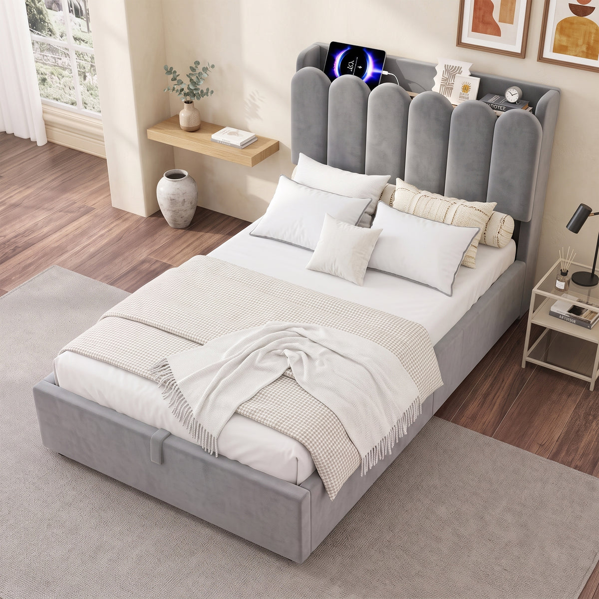 Upholstered Bed 90x200cm with Storage & USB, Grey Velvet