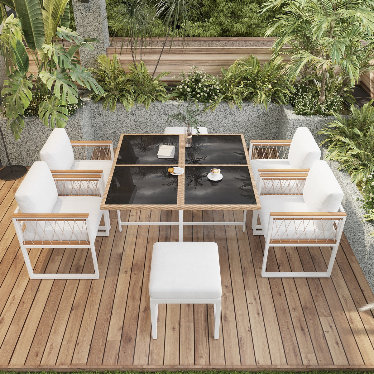7-Piece Garden Furniture Set for 6 People, Tempered Glass & WPC