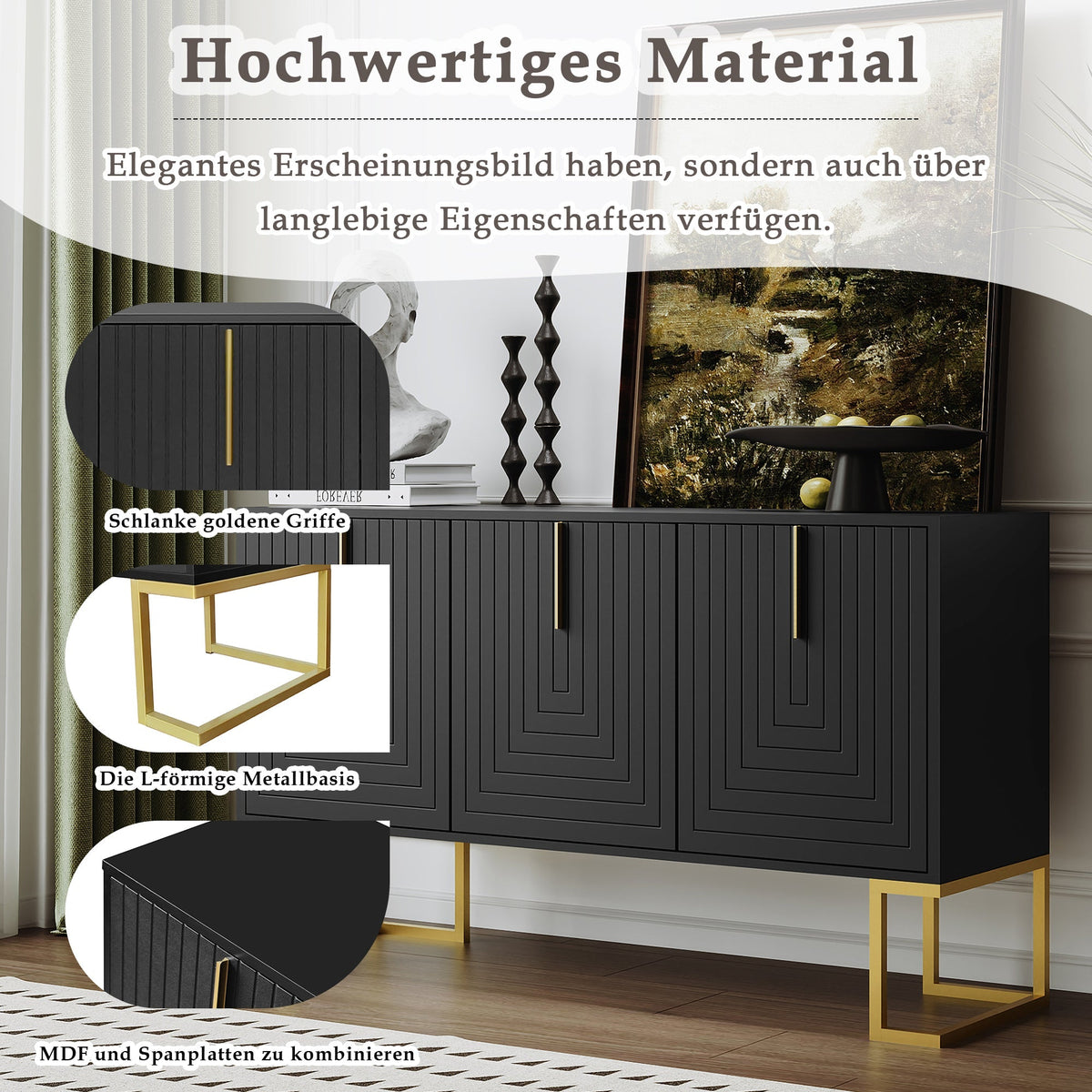 Sideboard, 3-Door with Adjustable Shelves & Metal Handles, Black