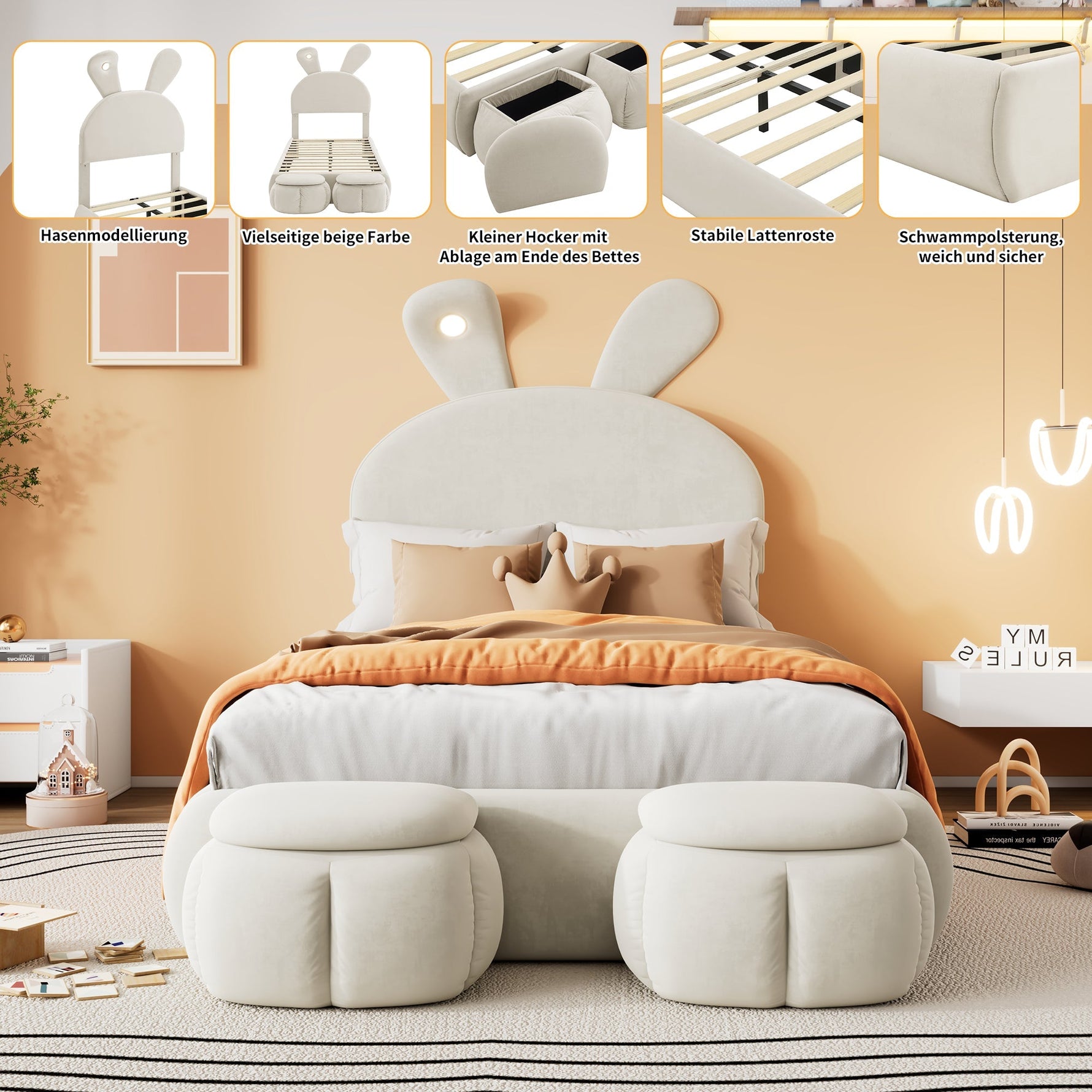Upholstered Single Bed, Bunny Ears LED Light Storage Stools, Velvet Beige, 90x200cm