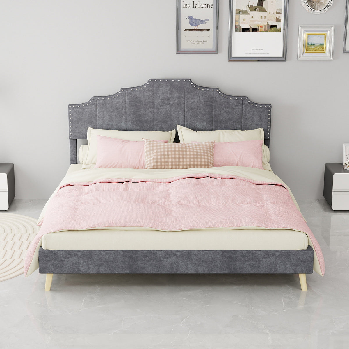 Modern Minimalist Soft Bed 160x200cm with Mattress, Gray
