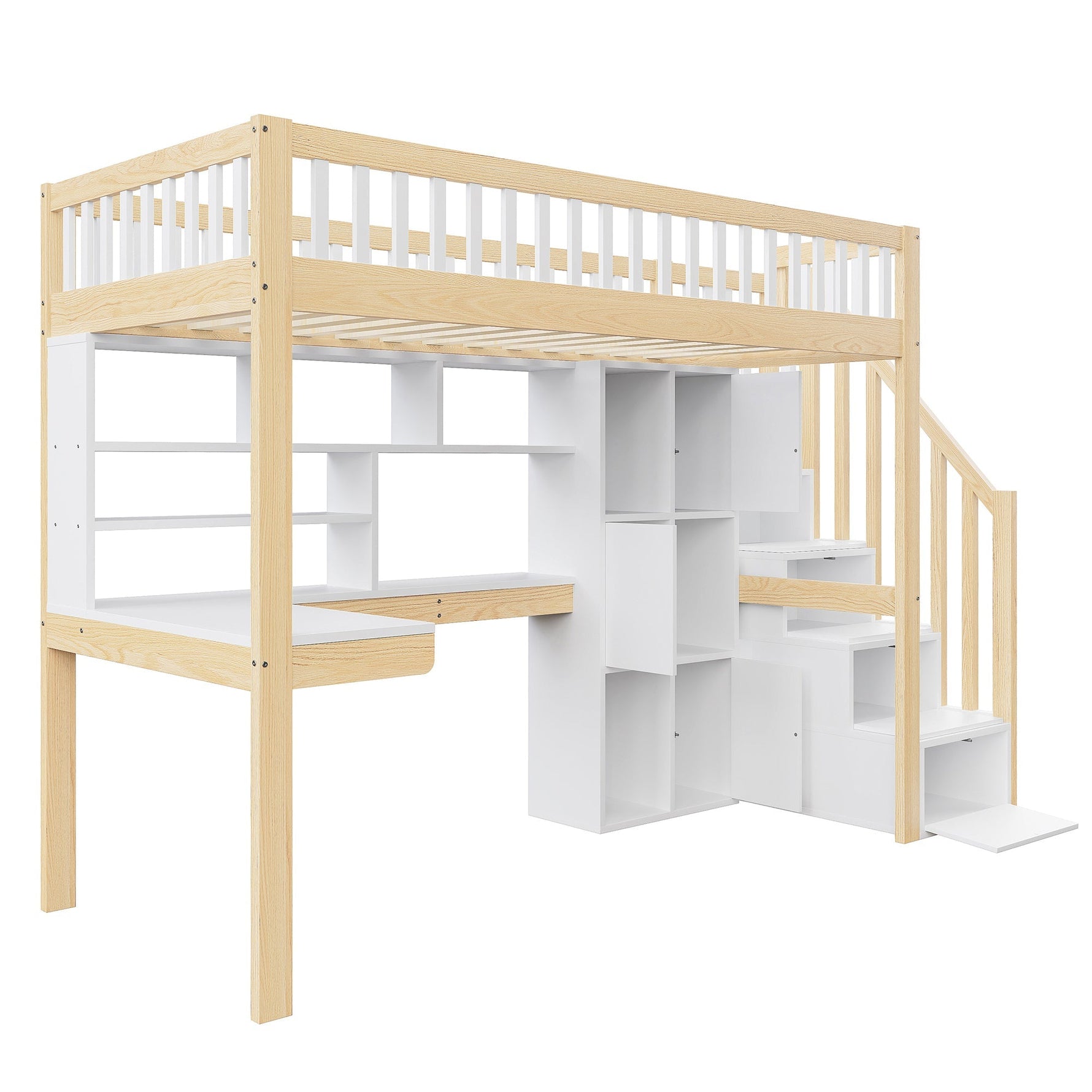 Loft Bed with LED Lights, Desk, Shelves and Storage Ladder, 90x200cm, White and Natural Wood