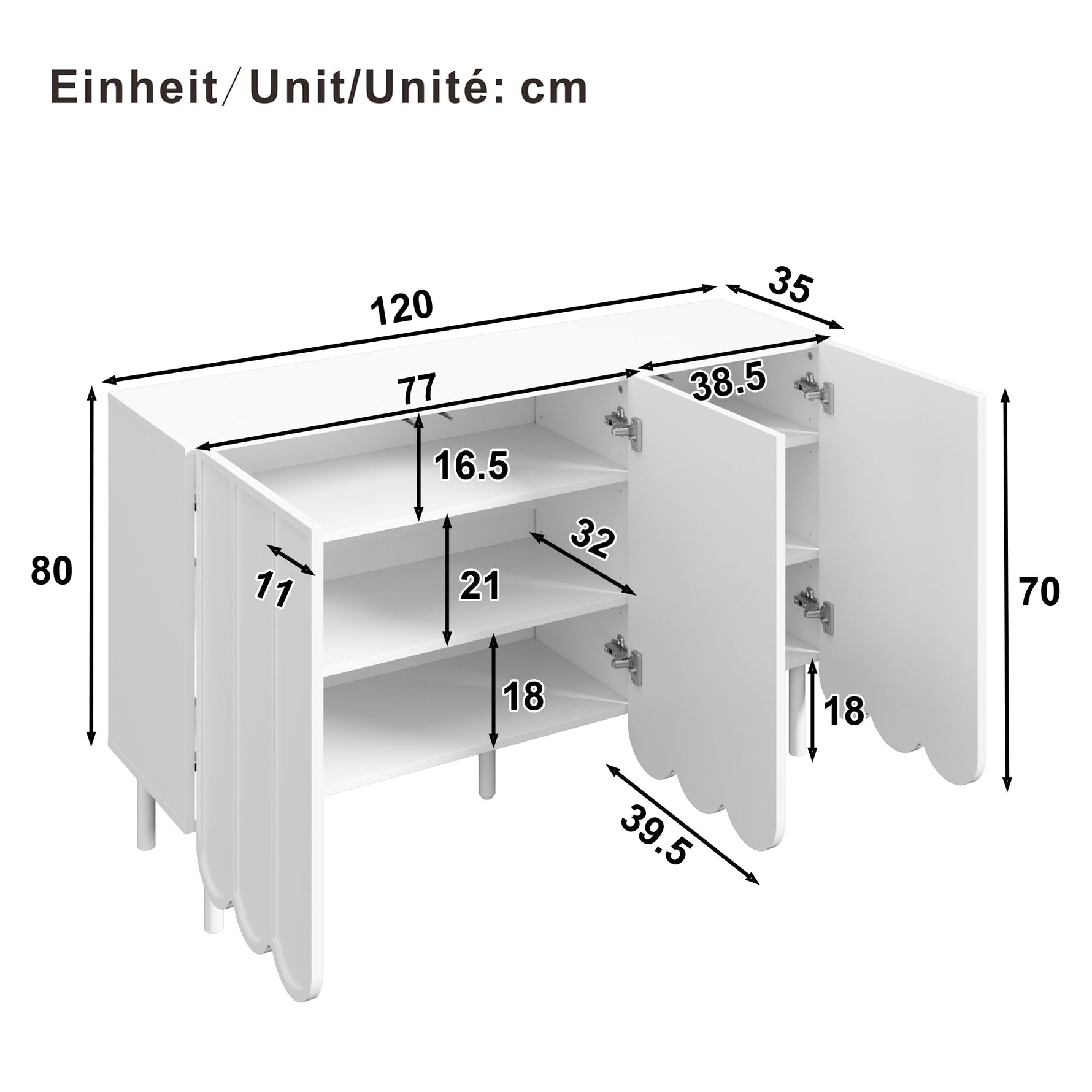 Sideboard, Wave Doors, Handleless, Adjustable Shelves, White