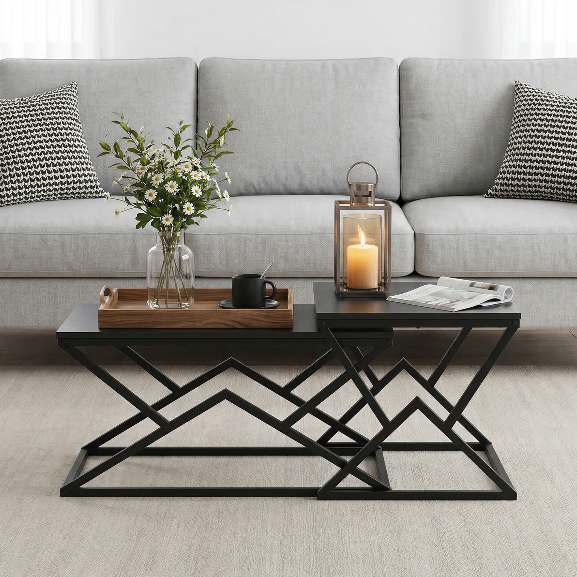 Geometric Coffee Table, Industrial Side Table with Metal Frame, Black Wood Top