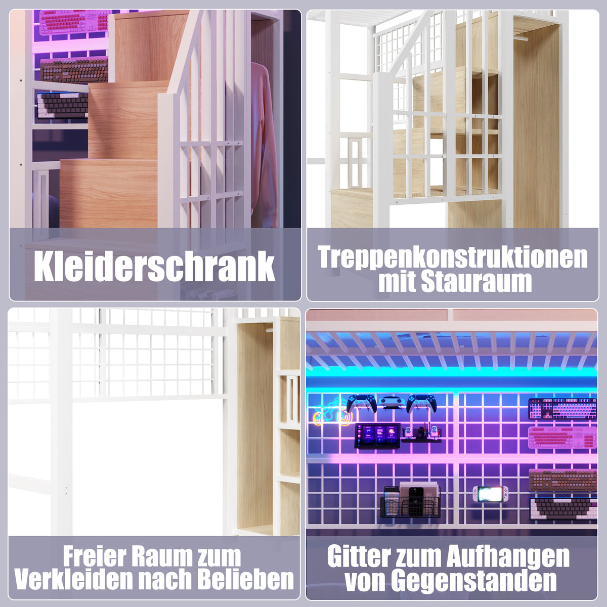 Loft Bed 90x200cm with Storage Ladder & LED Lights, White Iron Frame