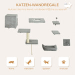 PwaHut Cat Climbing Wall, 7-piece Set with Cat House, Platform, Scratching Post, Grey