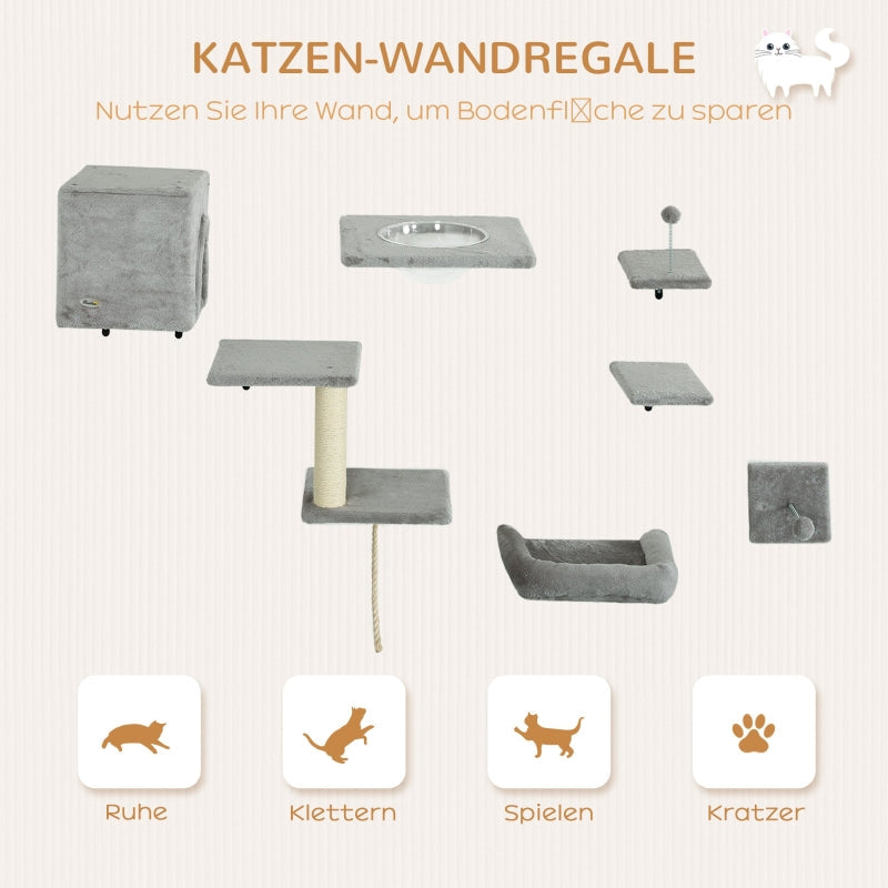 PwaHut Cat Climbing Wall, 7-piece Set with Cat House, Platform, Scratching Post, Grey
