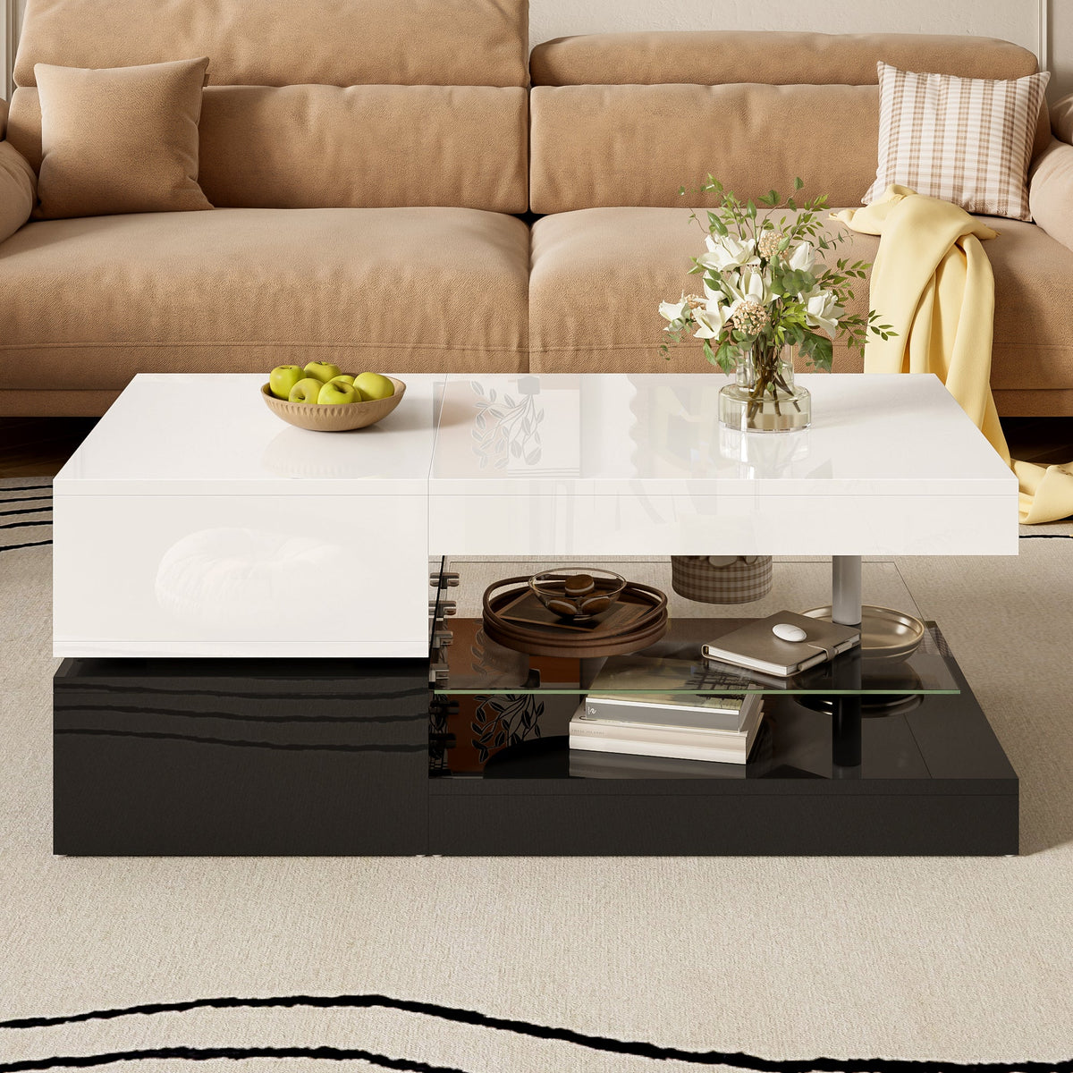 Modern Coffee Table with LED Ambient Lighting, Glass Shelf, High-Gloss Surface, Black and White