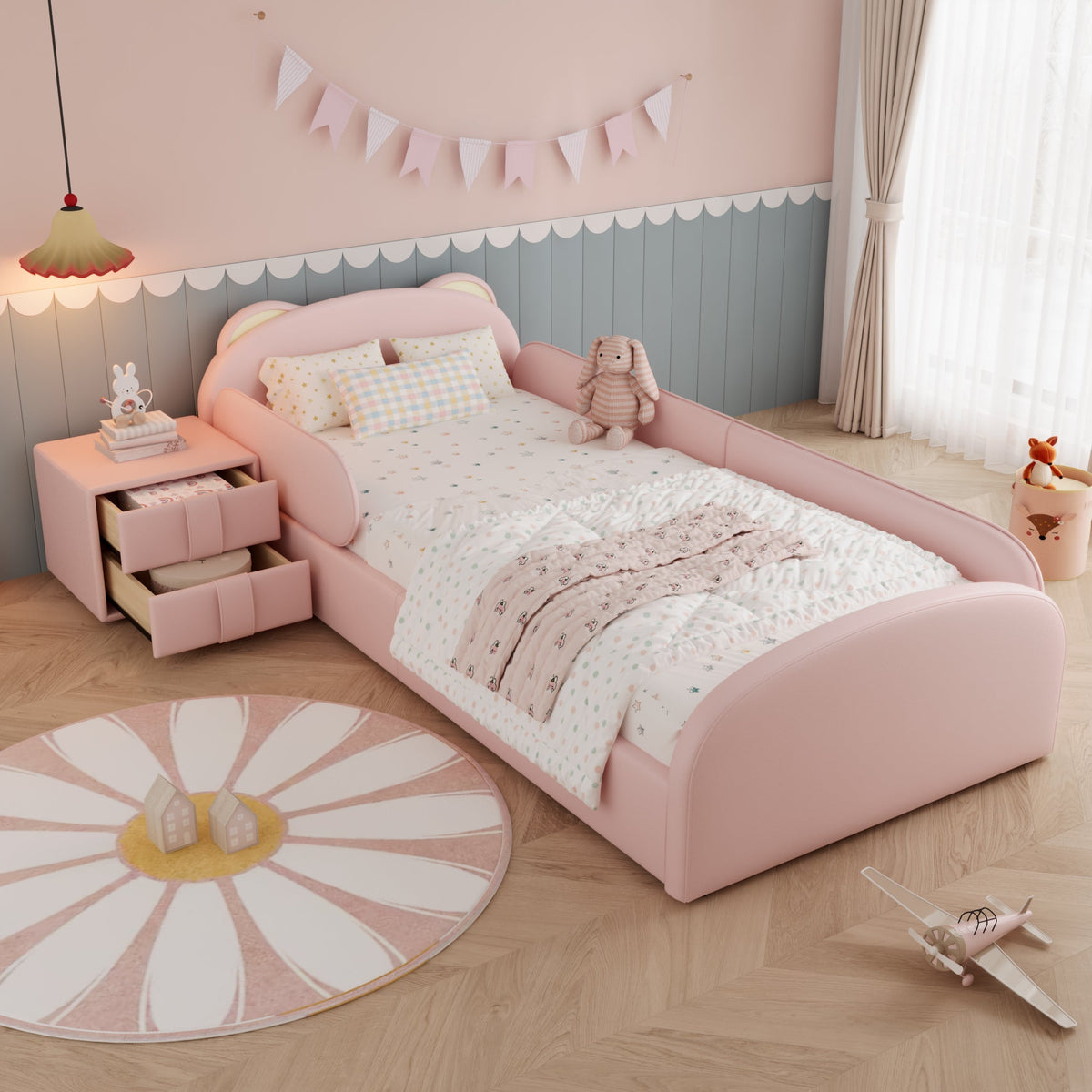 Upholstered Children's Bed with Bear-Shaped Headboard and Matching Bedside Table, 90x200cm, Pink Velvet