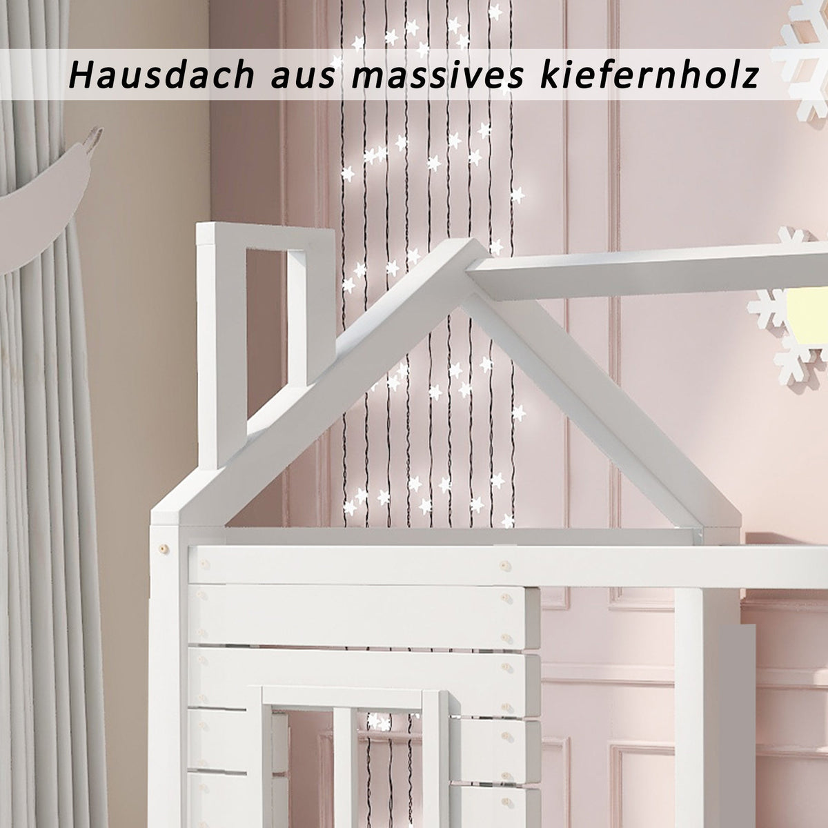 House Bed with Fall Protection, Window and Slatted Base, 80x160cm, White Solid Wood