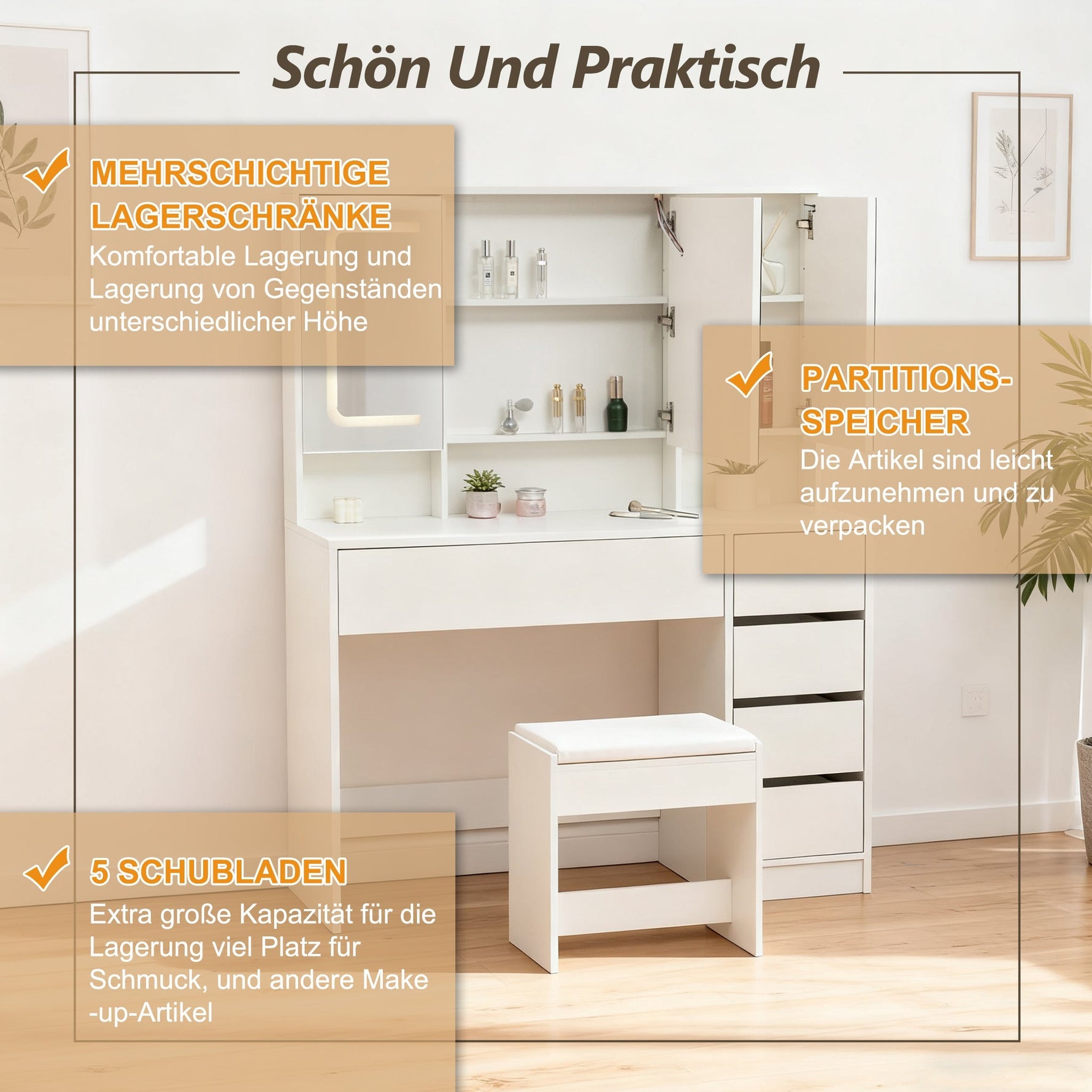 Dressing Table Vanity Set with Stool, Lighting, Mirror, White