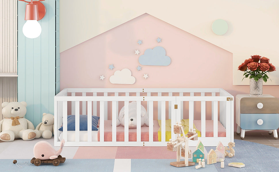Children's Bed 90x200 Wooden Frame with Railing & Door, White