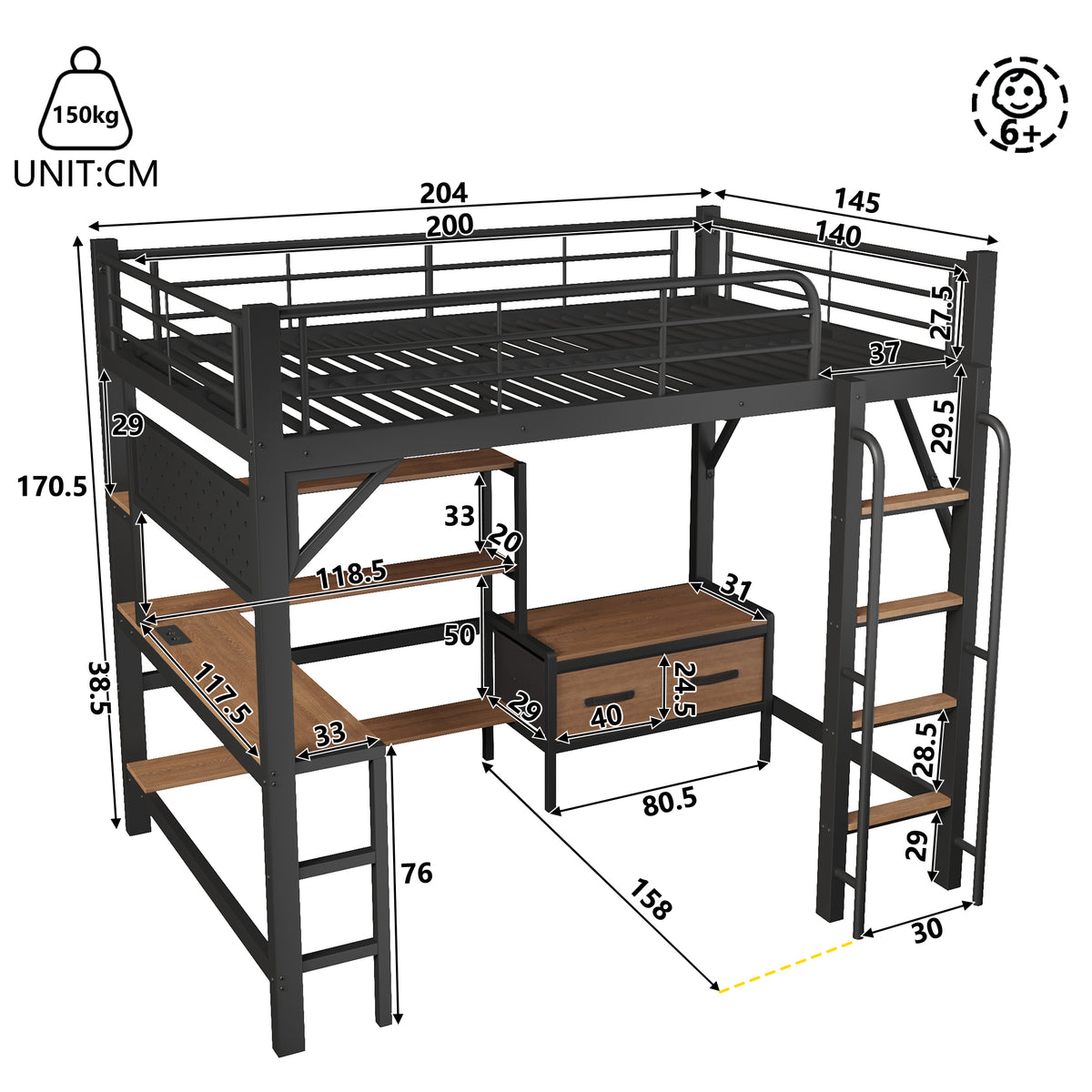 Loft Bed 140x200cm with Desk, LED Light & Shelves, Black Iron