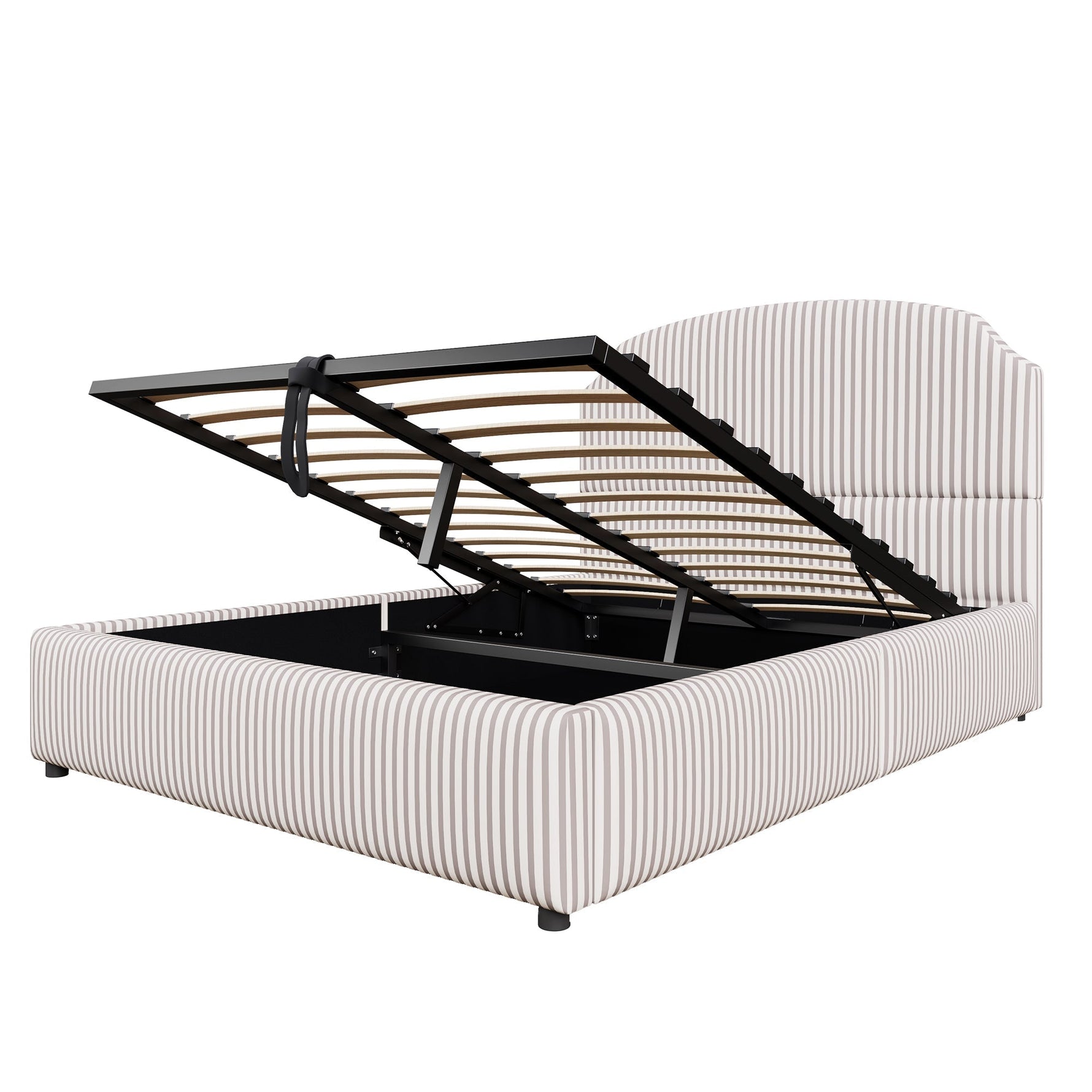 Upholstered Bed 140x200 with Hydraulic Storage and Wide Headboard, Striped Fabric White and Coffee