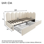 Upholstered Daybed with Drawers and Slatted Frame, 90x200cm, Beige Velvet
