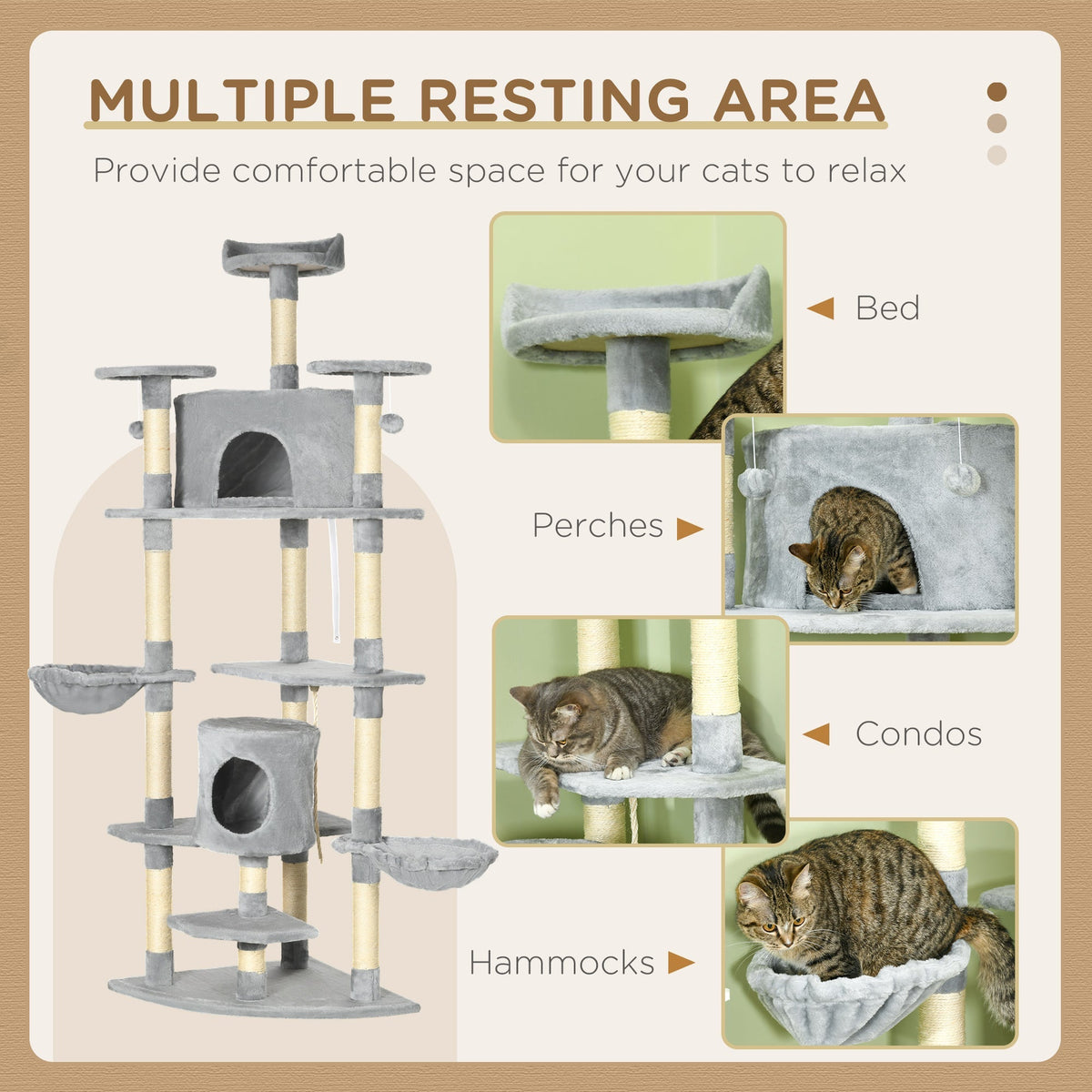 Cat Tree, Large 200 cm XXL with Cat Caves, Hammocks, Light Grey