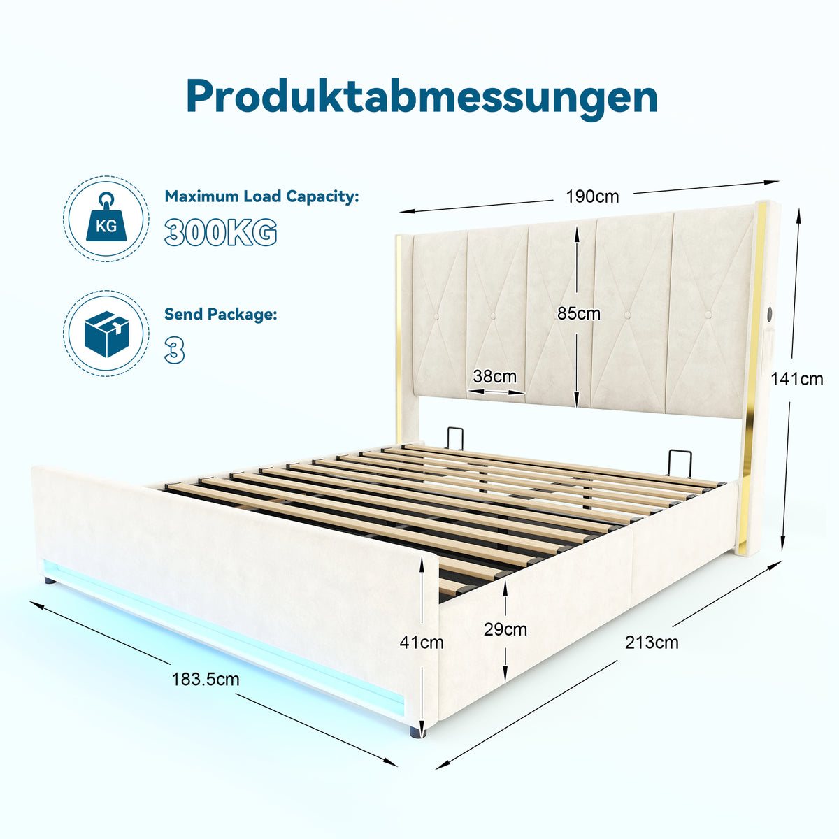 Storage Bed with LED, USB & Hydraulic Storage, 180x200cm, Velour