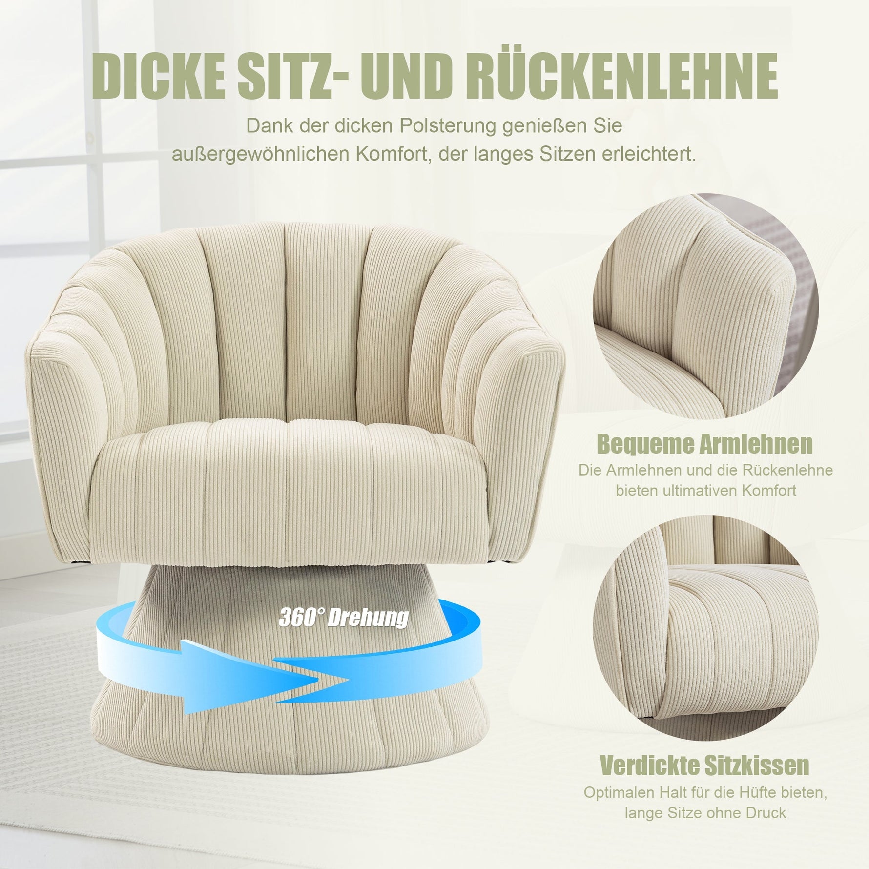 Swivel Chair 360° Ergonomic Cushions Modern Design Beige