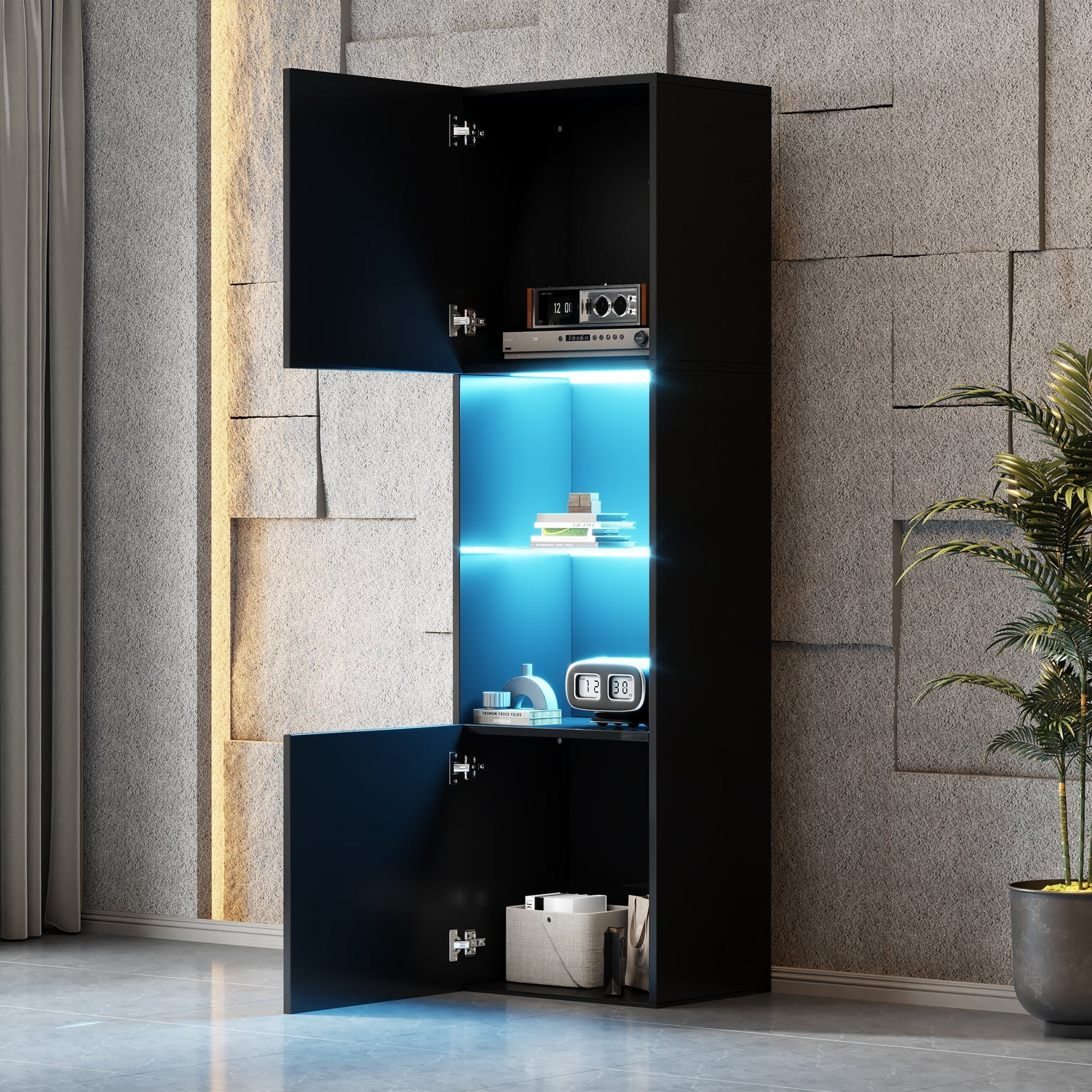 Display Cabinet, Freestanding with LED Lighting, 1 Glass Shelf, Black