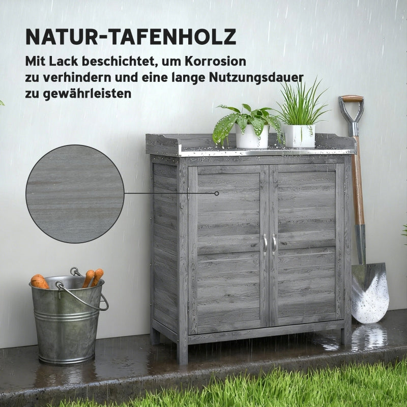 Garden Cabinet Tool Shed Potting Table Galvanized Worktop 2 Shelves - Grey