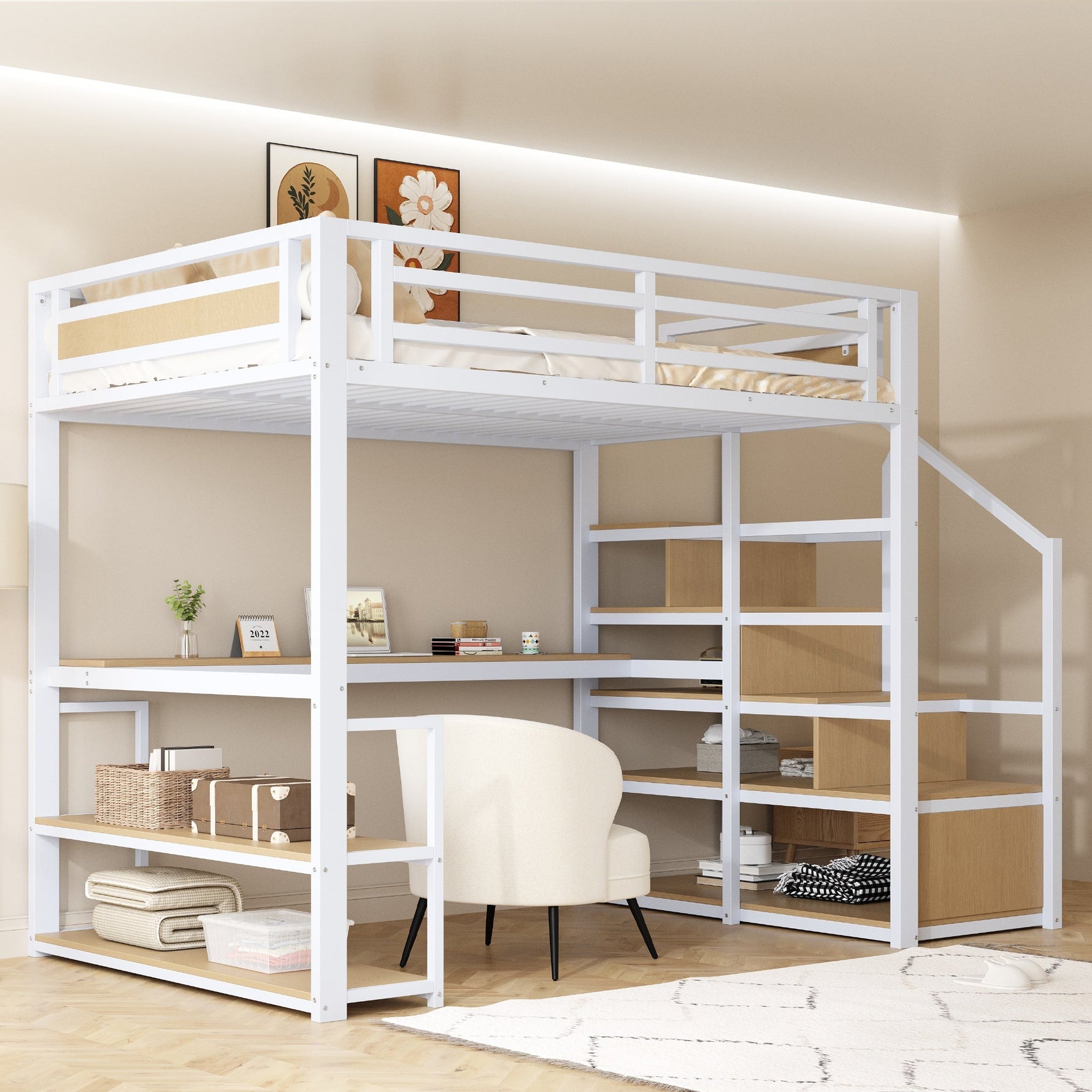 Metal Loft Bed 140x200 Storage Ladder Shelves Table, White