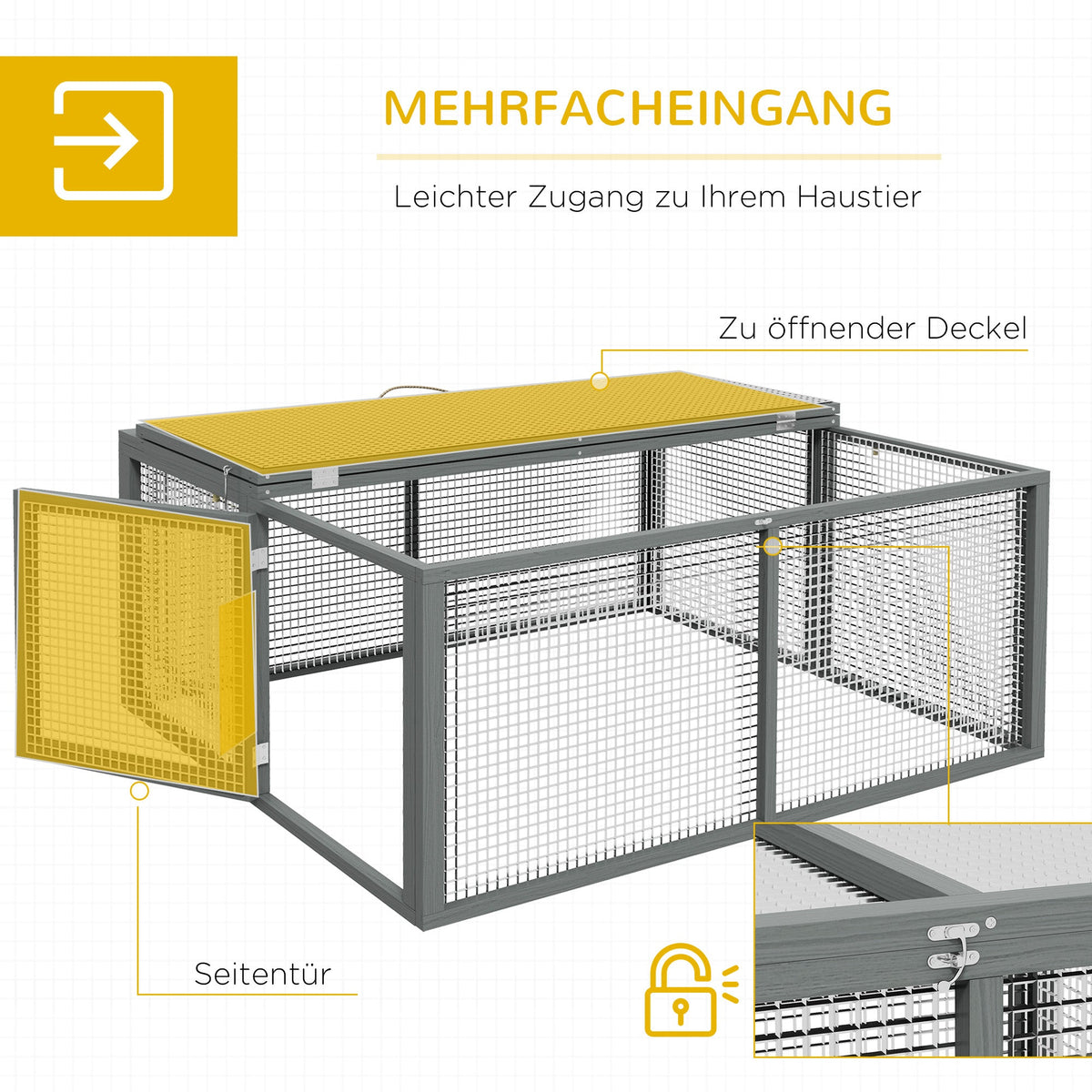 Rabbit Hutch Foldable Cage with Run Hinged Roof, Natural Wood