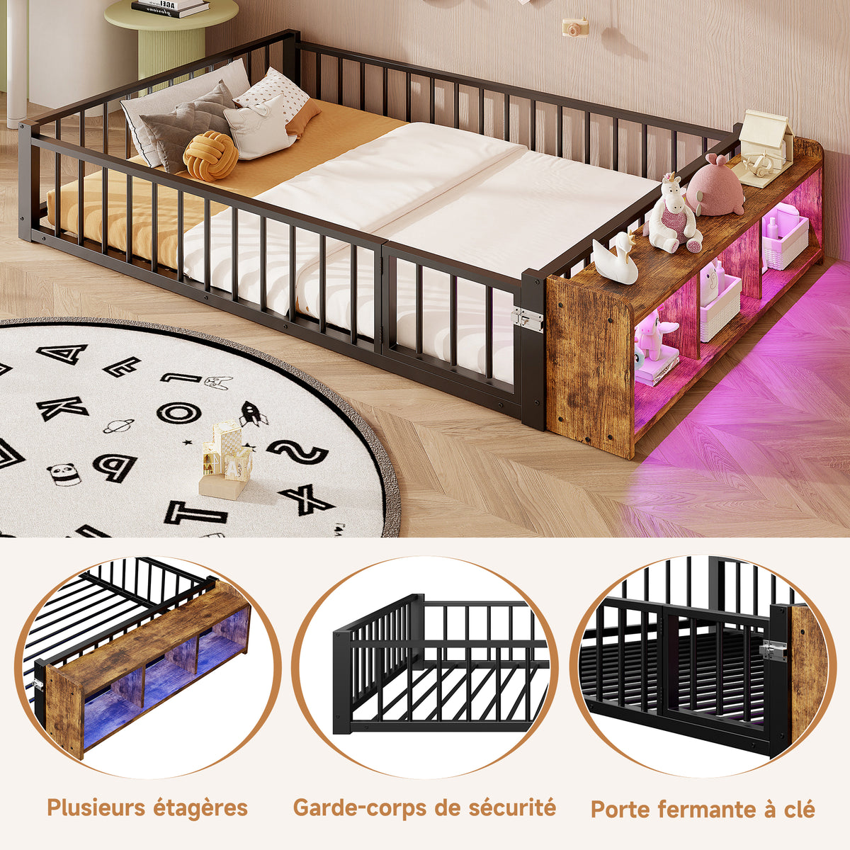 Metal Flatbed 140x200 cm with Lockers & LED Lights, Black
