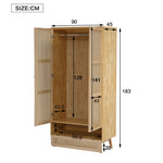Wardrobe 2-Door Hanging Rail Rattan Net Flip-Top Lid, Natural Chipboard/PE Rattan
