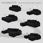 Modular 4-Seater Sofa with 2 Ottomans, Cup Holders and Storage, Black Corduroy
