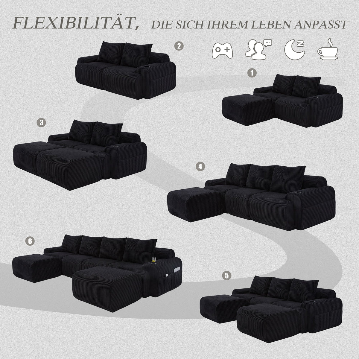 Modular 4-Seater Sofa with 2 Ottomans, Cup Holders and Storage, Black Corduroy
