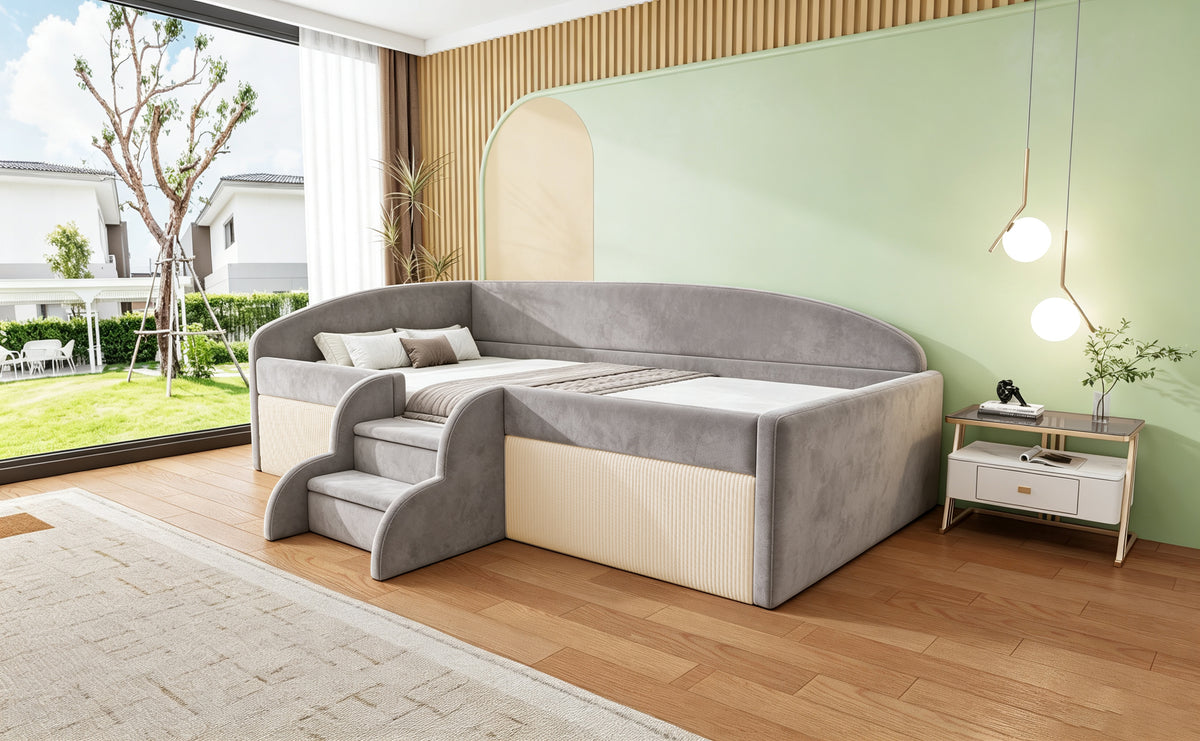 Upholstered Children's Bed 90x190cm with Steps, Grey Velvet