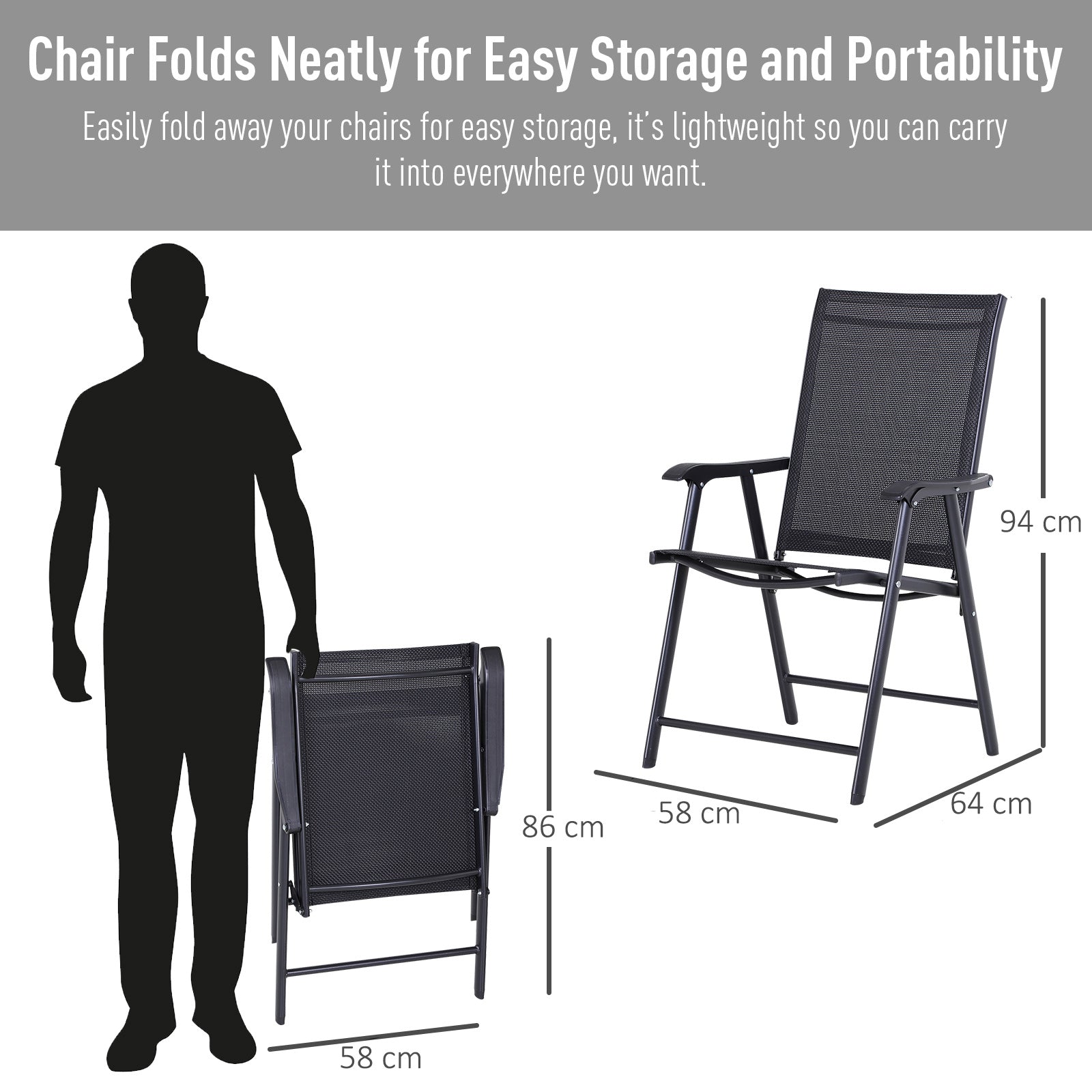 Camping Chairs Folding with Armrests, Metal Black