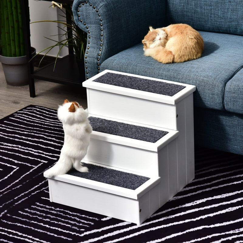 Dog Stairs, 3 Steps Pet Entry Aid with Storage, Fir Wood White