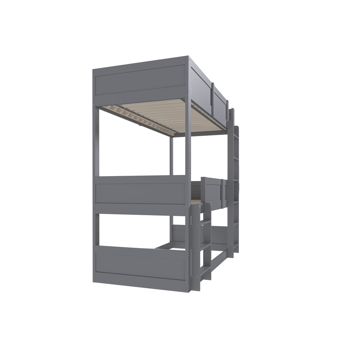 Triple Bunk Bed 90x200 cm with High Fence & Slats, Grey Wood