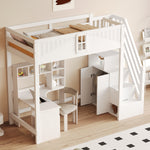 Solid Wood Loft Bed 90x200cm with Safety Door & Ladder, White