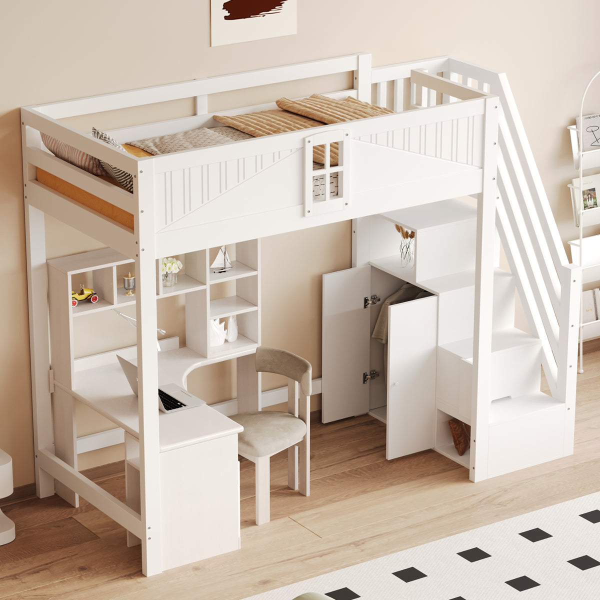 Solid Wood Loft Bed 90x200cm with Safety Door & Ladder, White