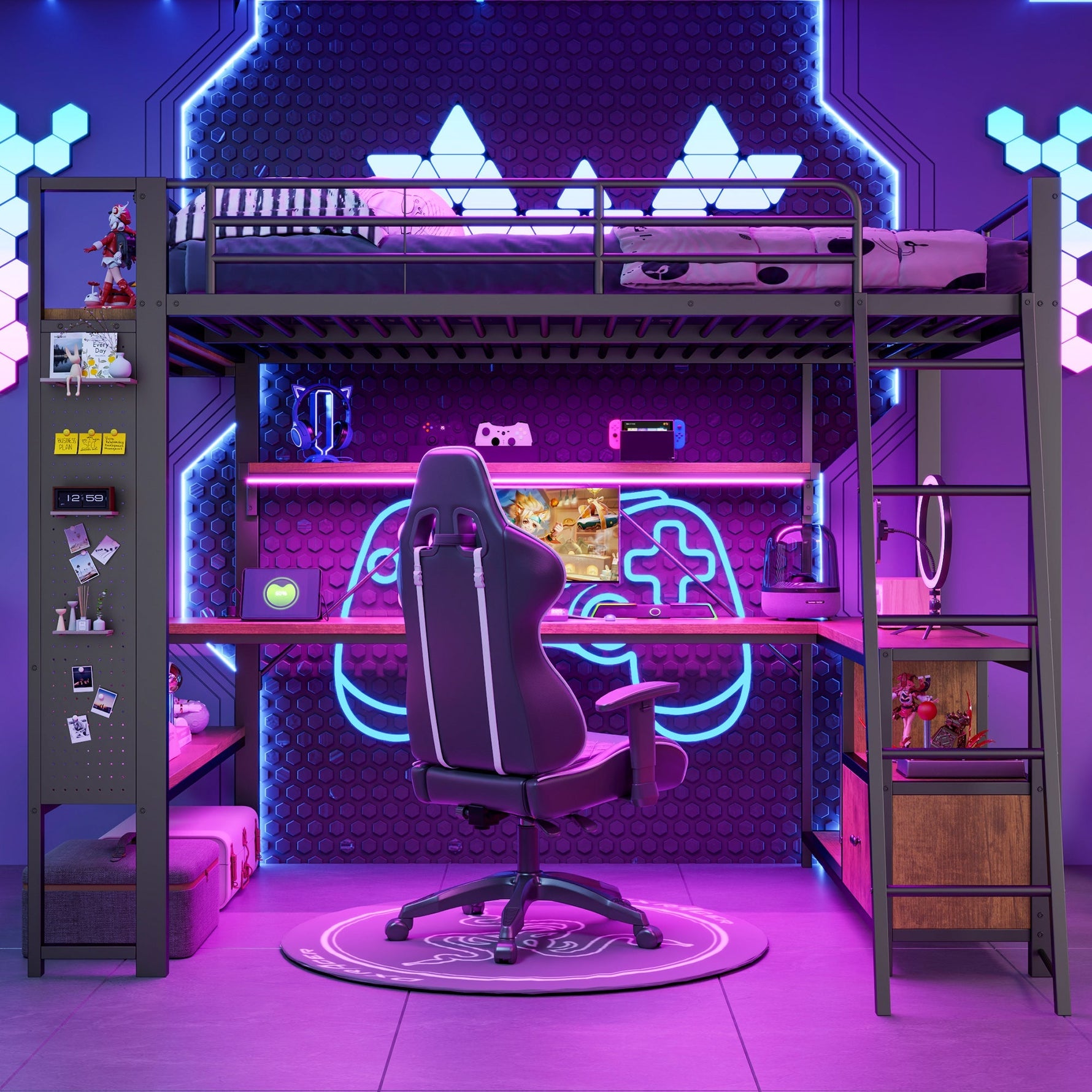 Loft Bed 140x200cm Iron Frame with Desk LED Light Strip USB Port Black