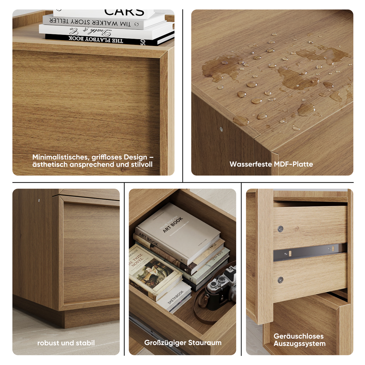 Modern Oak Bedside Table, 2 Pieces, 38 x 48 x 50 cm with Handleless Drawers, Oak Wood