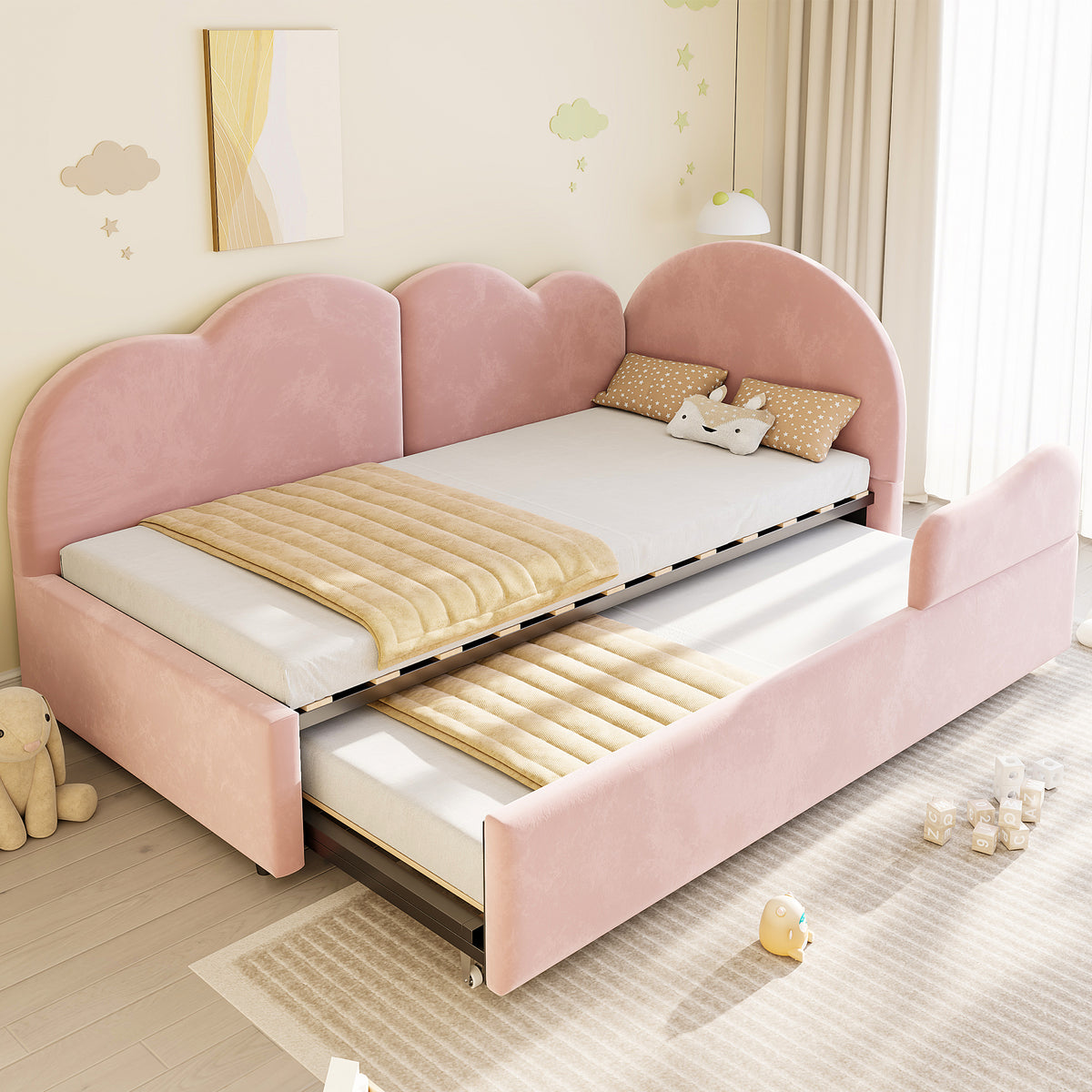 Extendable L-Shaped Sofa Bed with Cloud Headboard, Pink Velvet