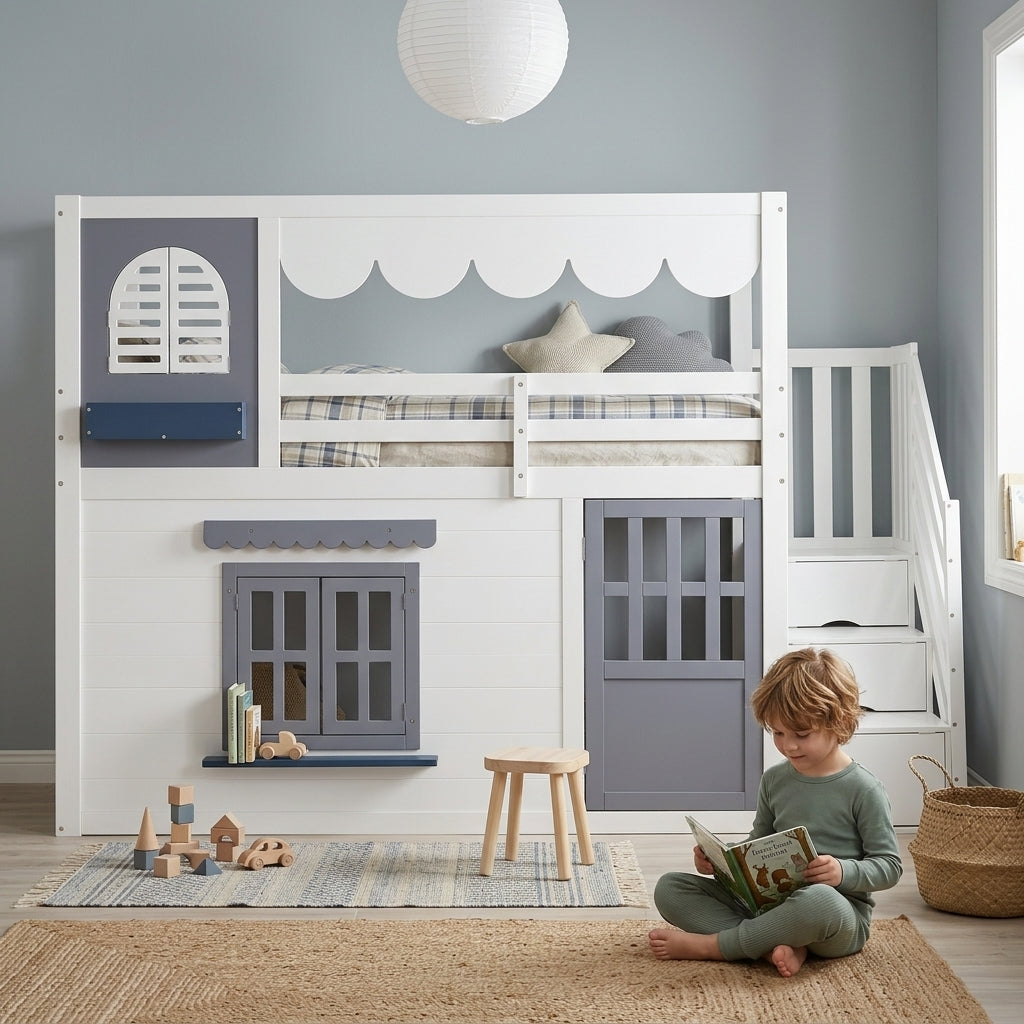 Children's Loft Bed 90x200cm with House Design & Storage, White