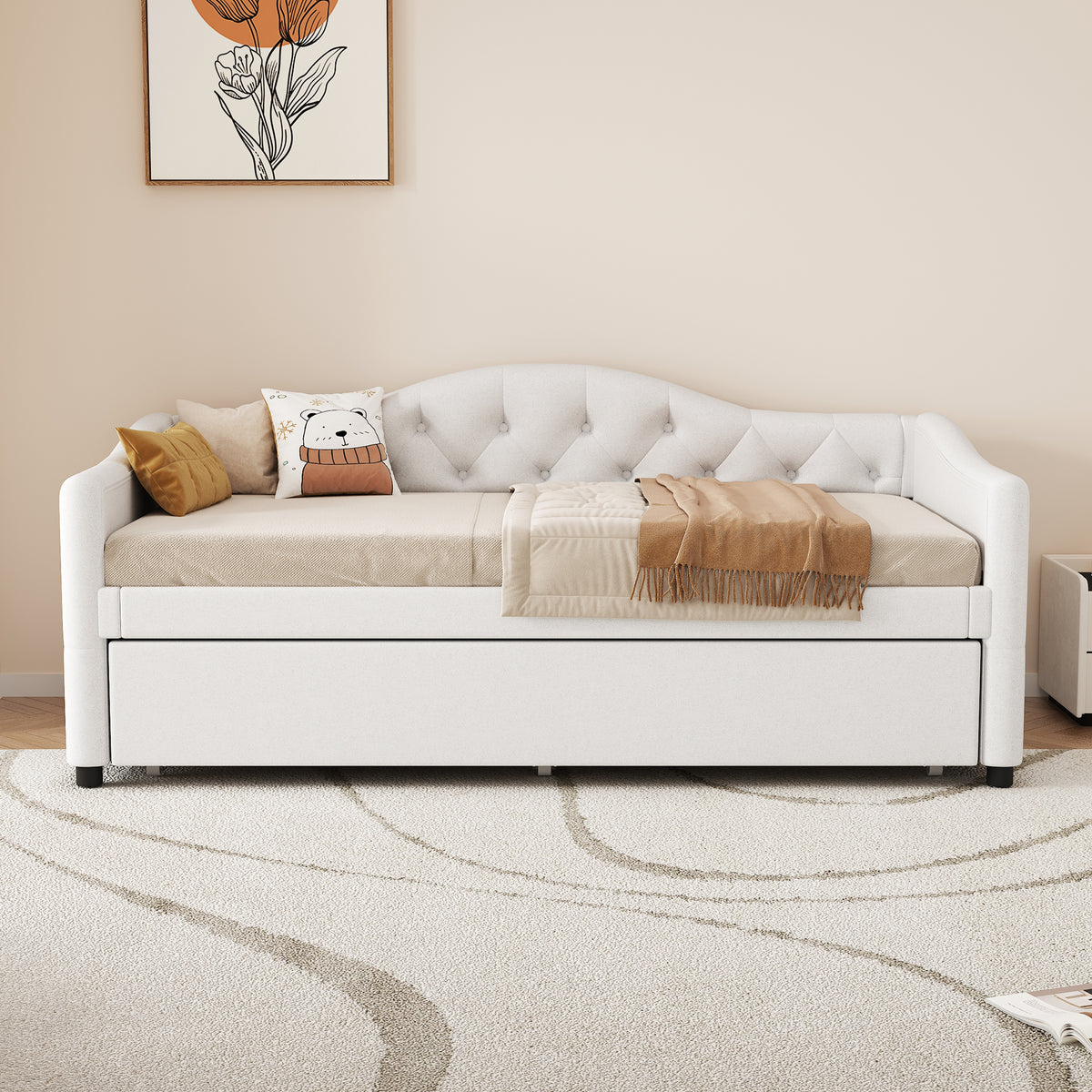 Daybed 90x200cm with Pull-Out Bed, Sofa Bed - Beige Linen