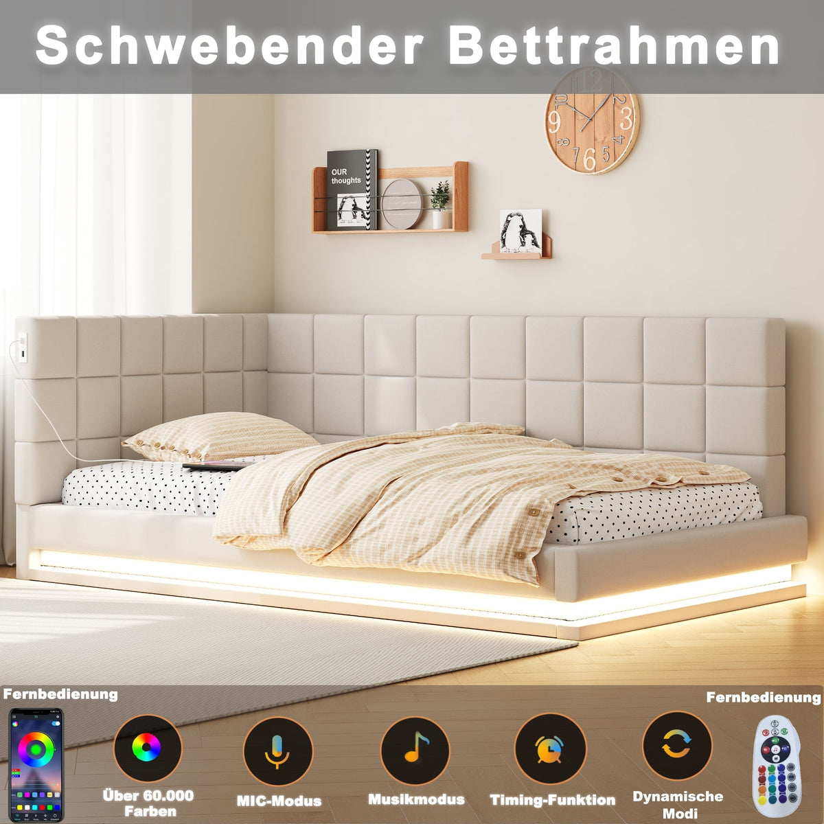 Upholstered Bed Sofa, 90x200 Multifunctional with LED & USB, Linen Fabric, Beige