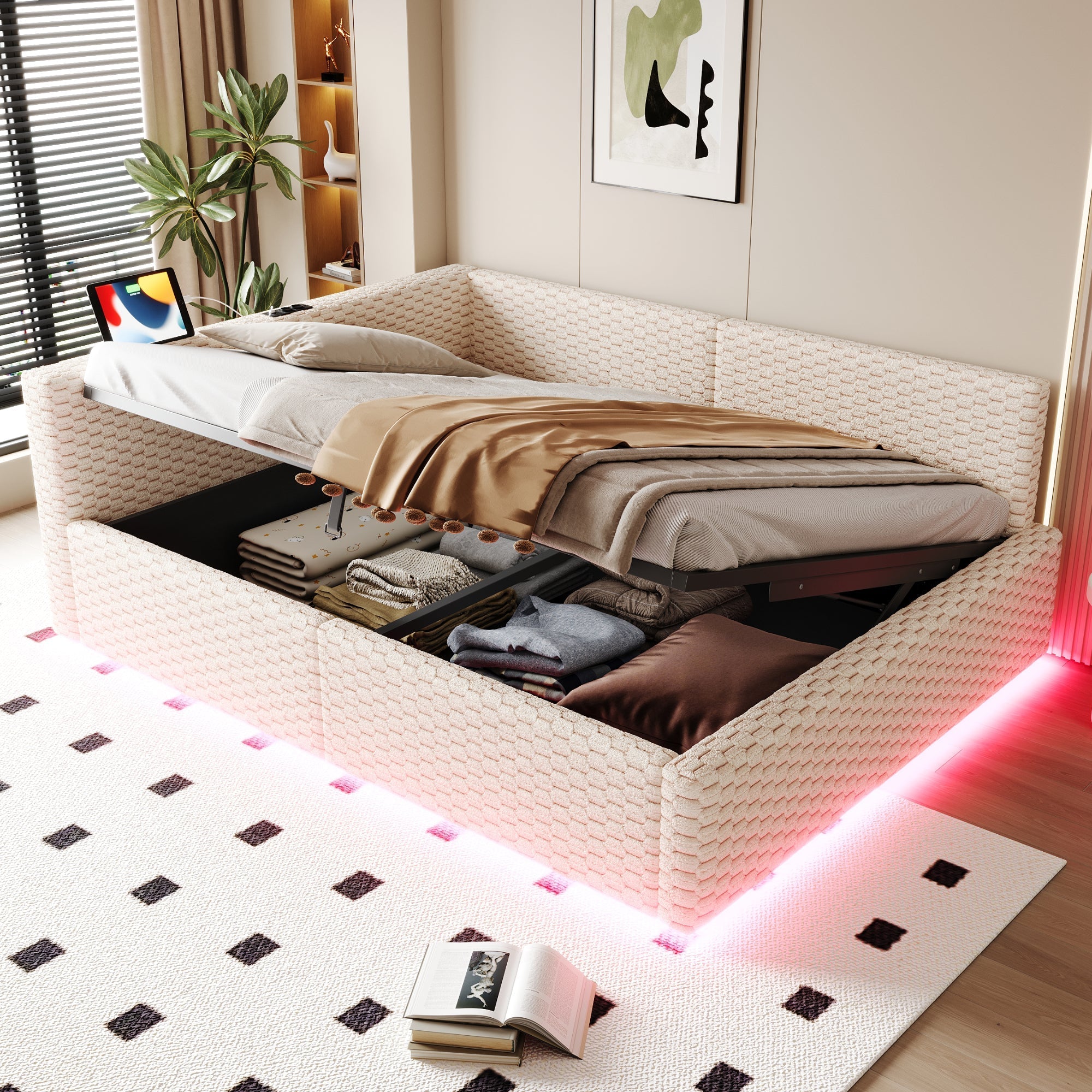Upholstered Bed 140x200cm with LED, USB, L-Shaped Backrest and Hydraulic Frame, Beige Velvet