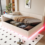 Upholstered Bed 140x200cm with LED, USB, L-Shaped Backrest and Hydraulic Frame, Beige Velvet