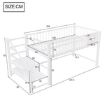 Low Loft Bed for Children with Storage Ladder and Metal Frame, 90x200cm, White