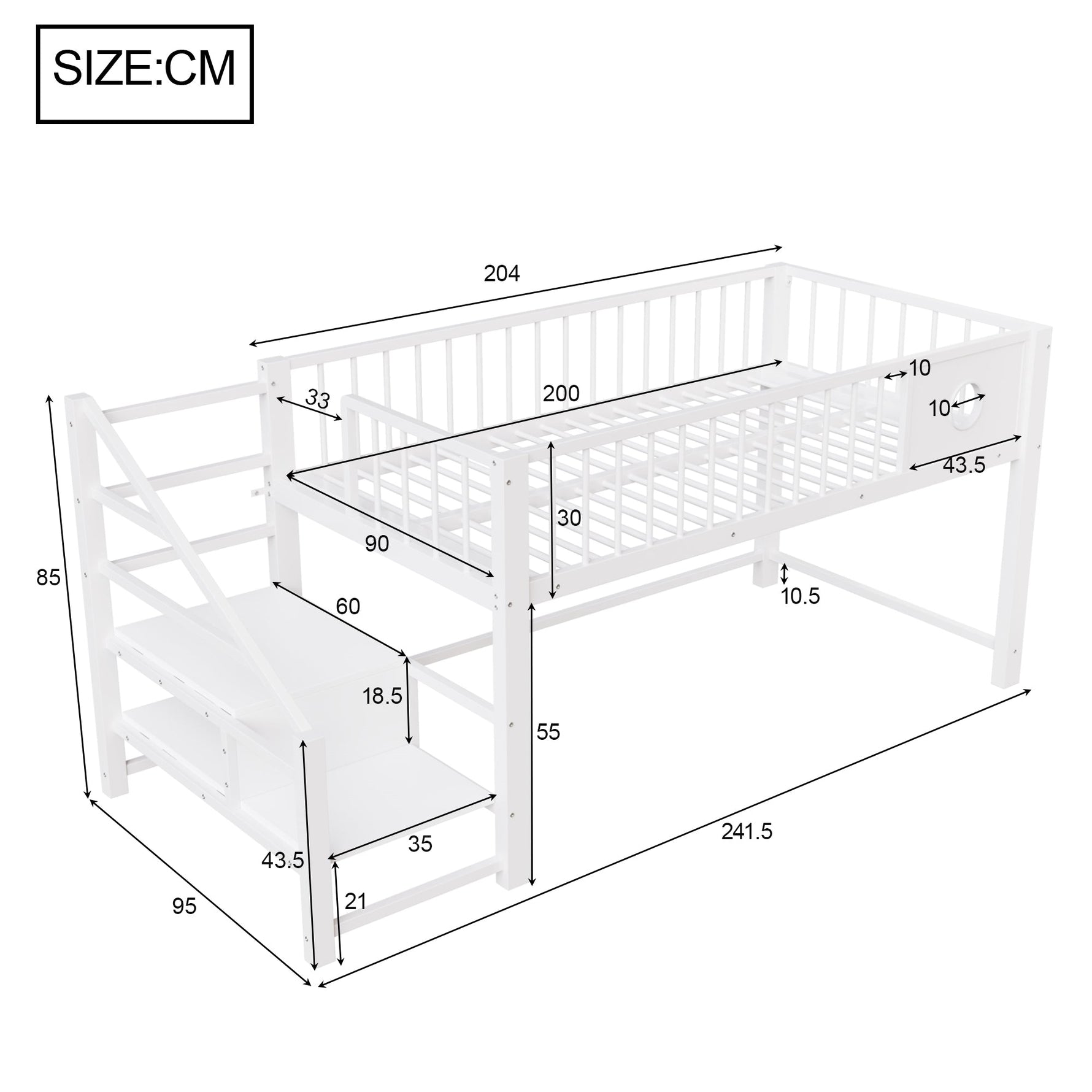 Low Loft Bed for Children with Storage Ladder and Metal Frame, 90x200cm, White