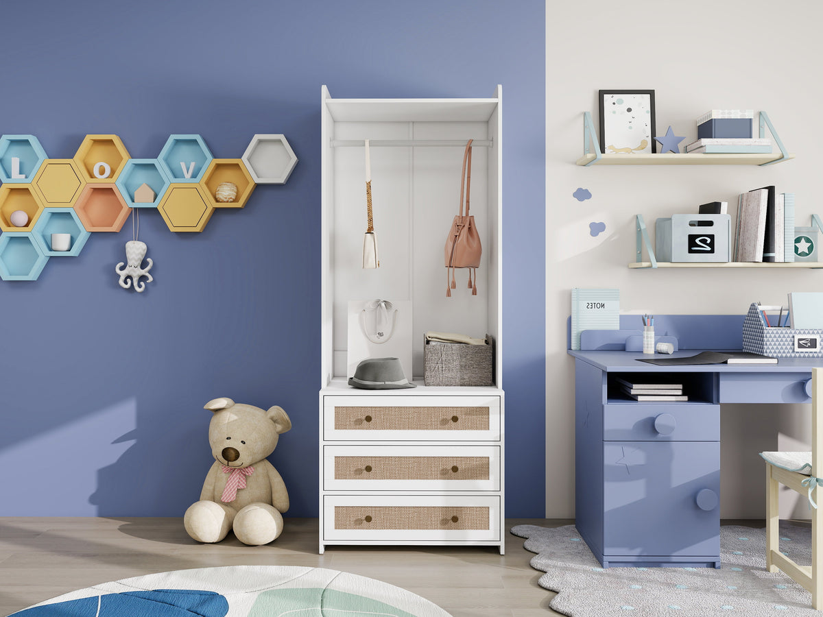 Wardrobe, Three Drawers, Boho-Style, 180cm Height, White