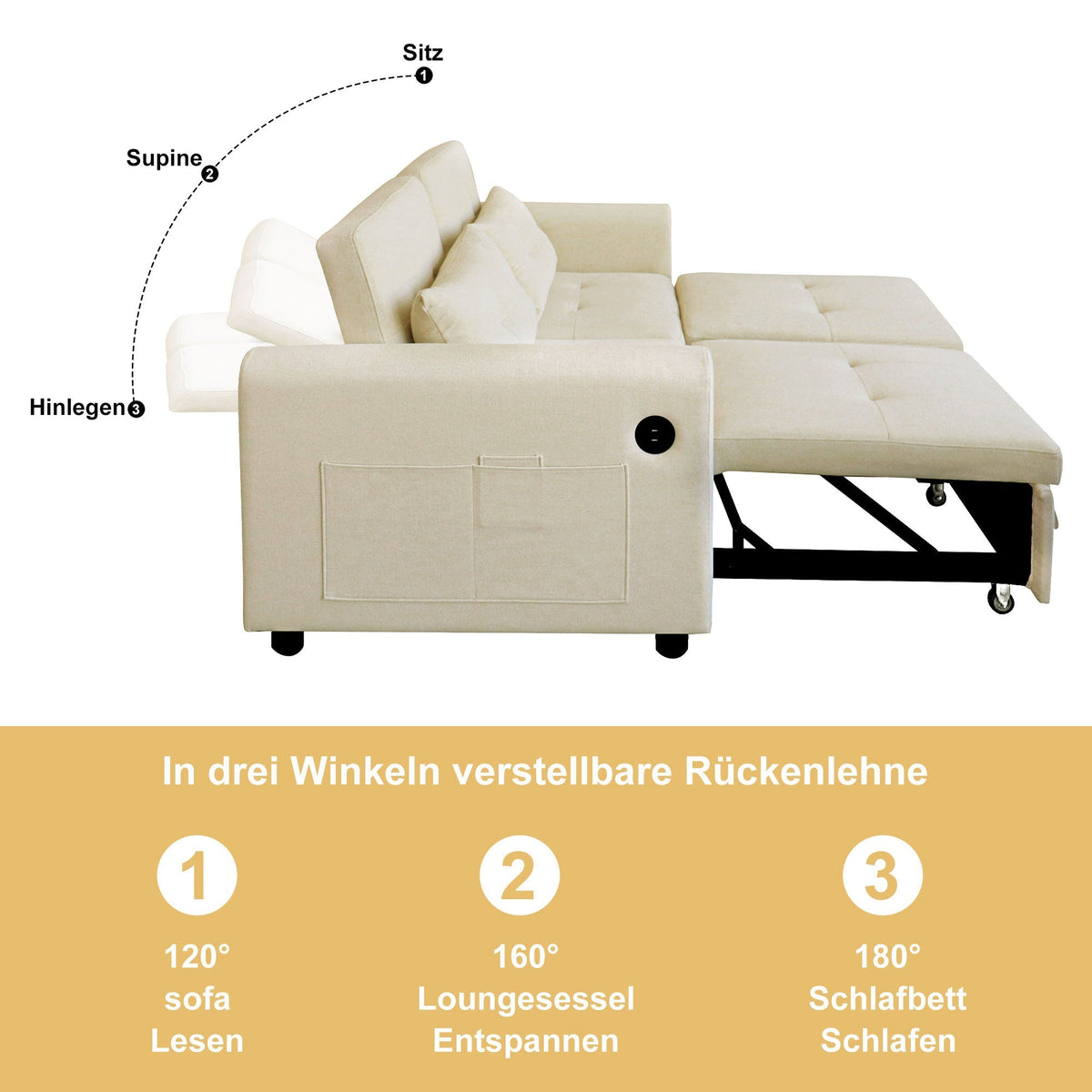 Loveseat Sofa, Modern 3-in-1 Pull-Out, Adjustable Backrest, USB Port