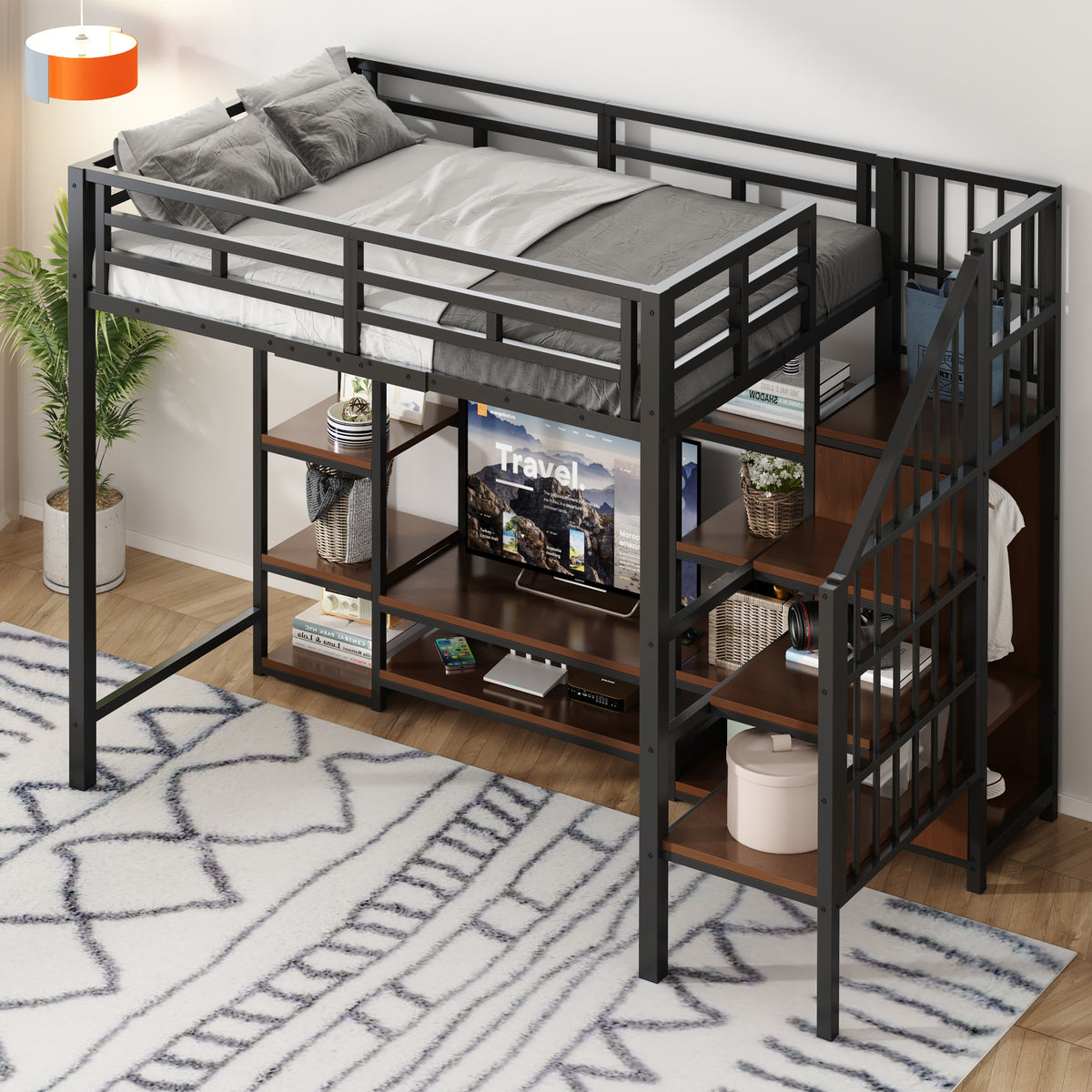 Loft Bed 90x200 with TV Stand, Power Outlet & Ladder, Black