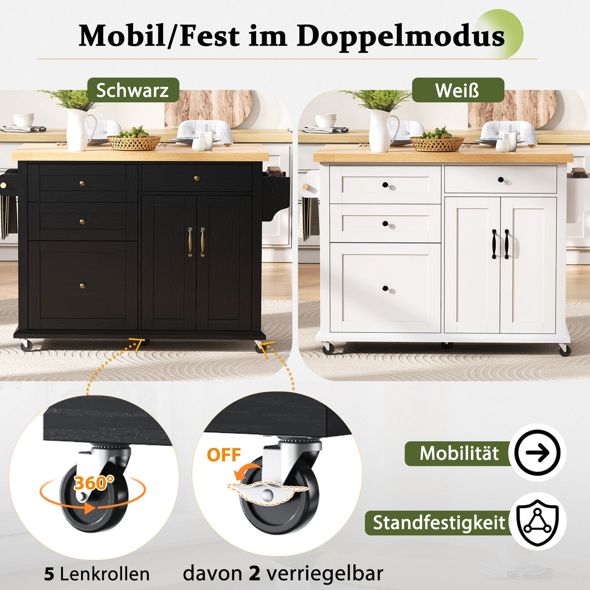 Mobile Kitchen Island, Extendable Table and Multifunctional Drawers, Black
